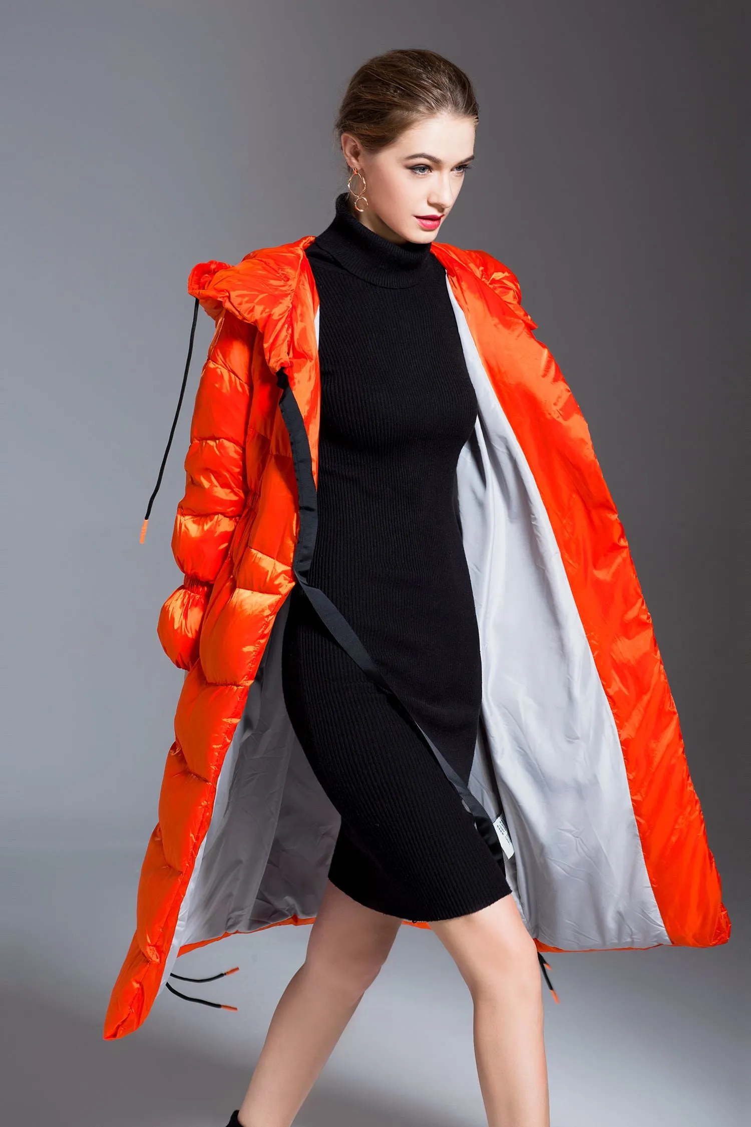 Glossy Hooded Drawcord Down Puffer Coat