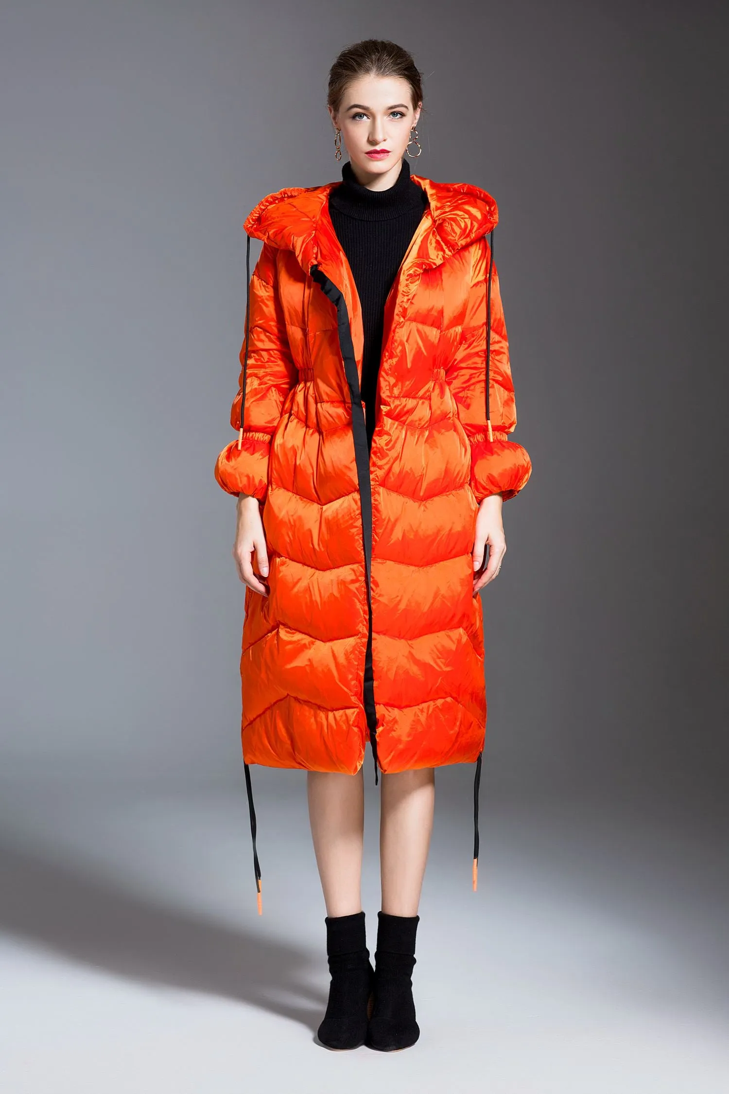 Glossy Hooded Drawcord Down Puffer Coat