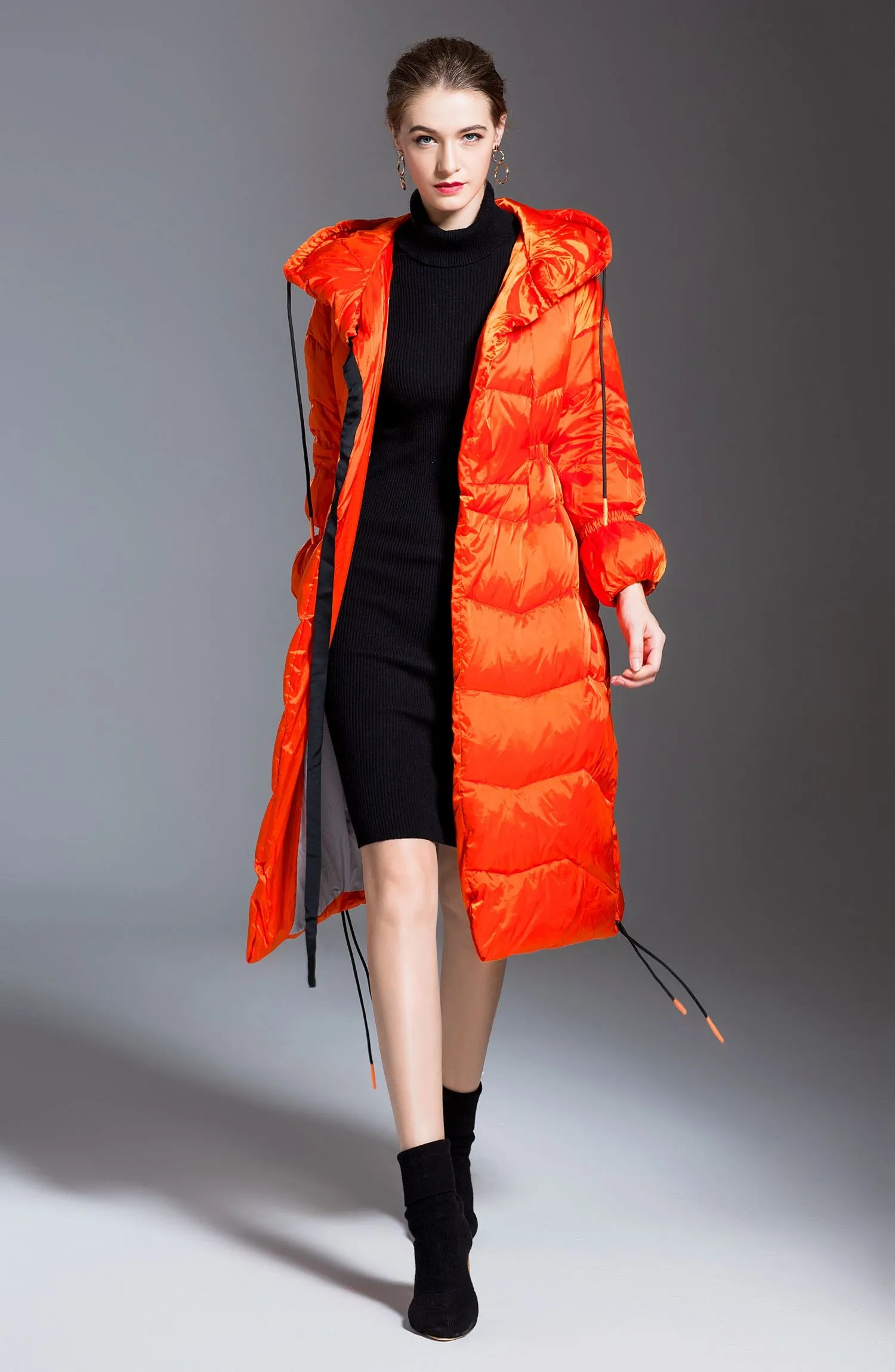 Glossy Hooded Drawcord Down Puffer Coat