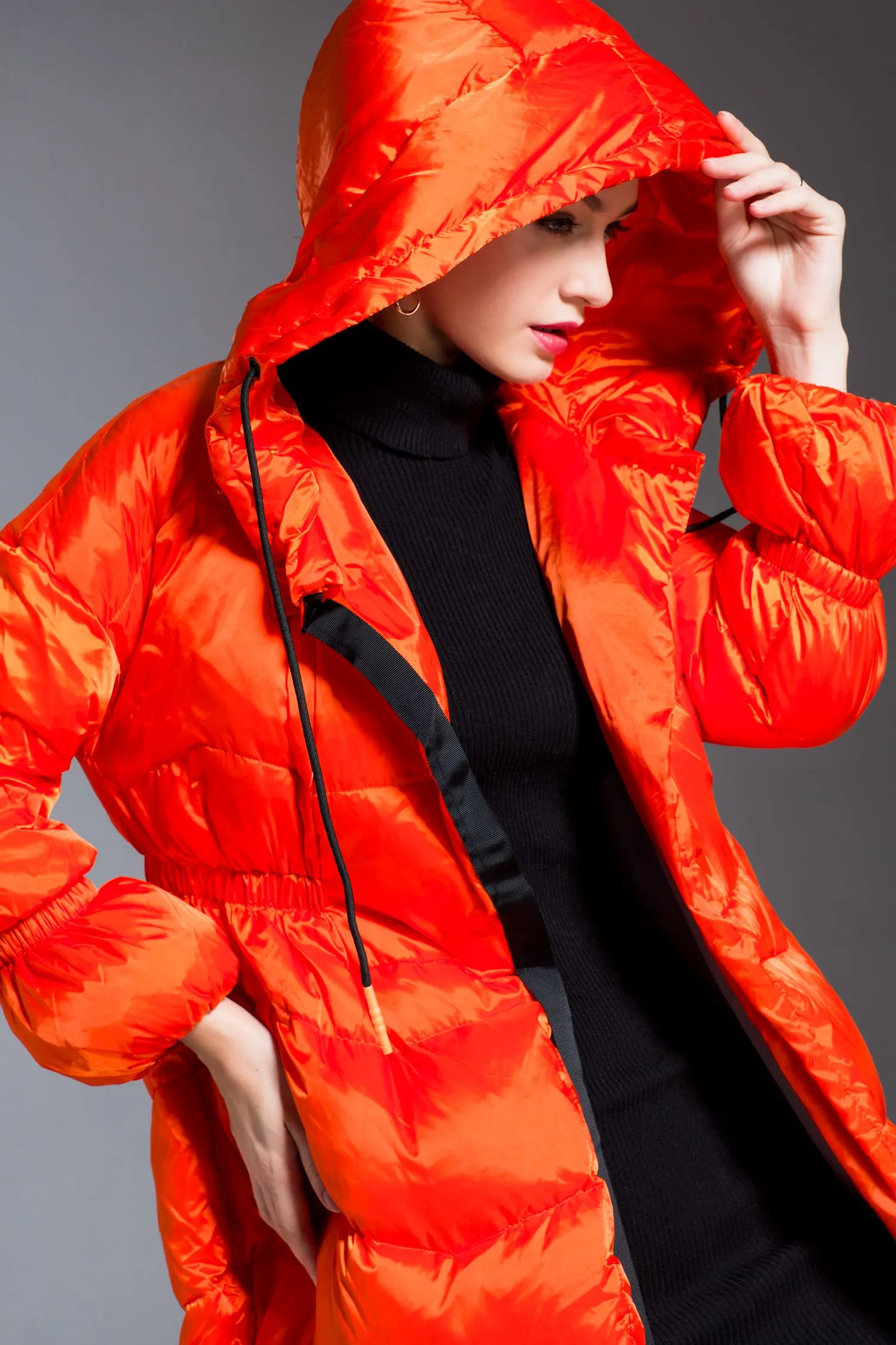 Glossy Hooded Drawcord Down Puffer Coat