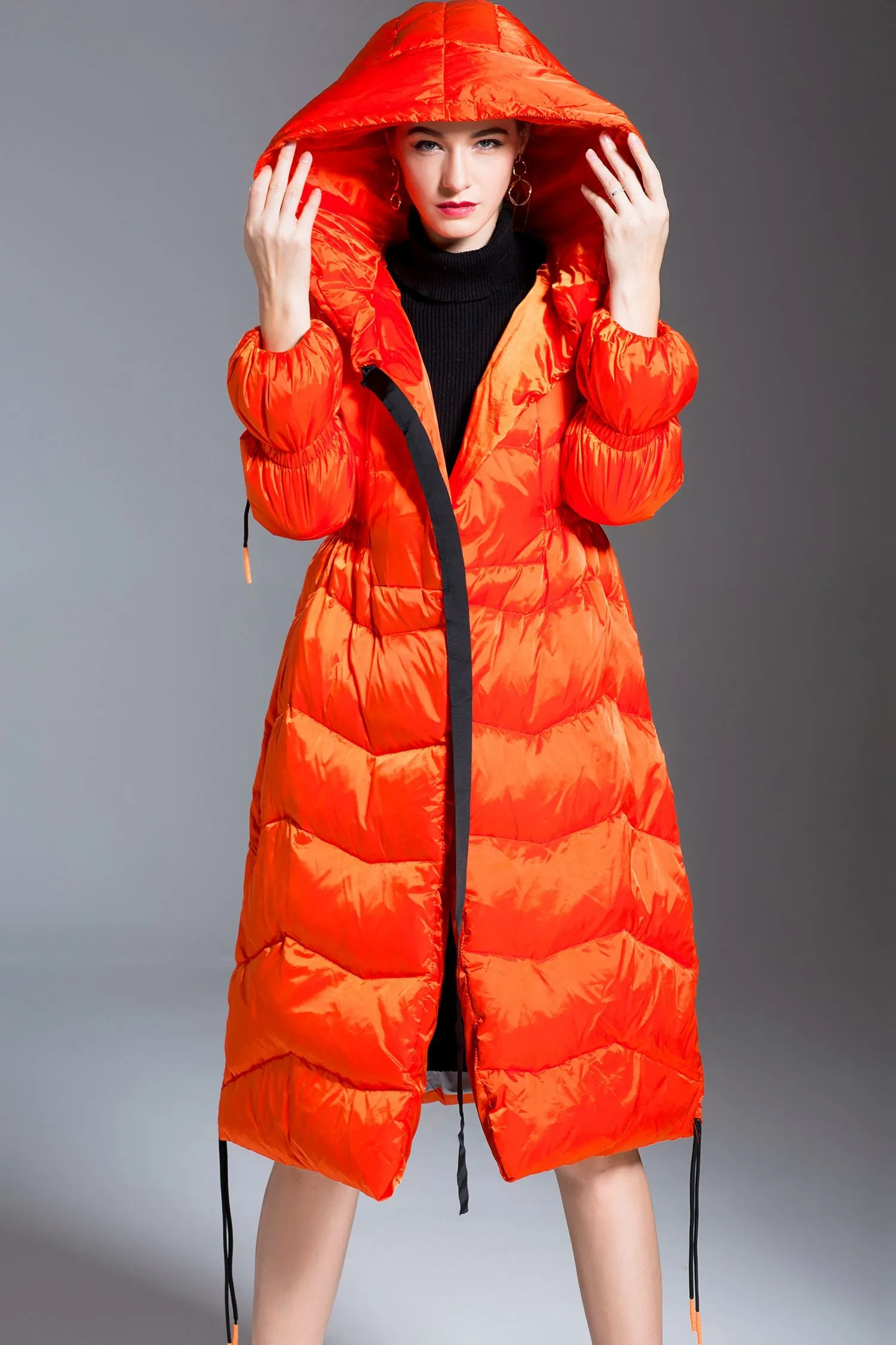 Glossy Hooded Drawcord Down Puffer Coat