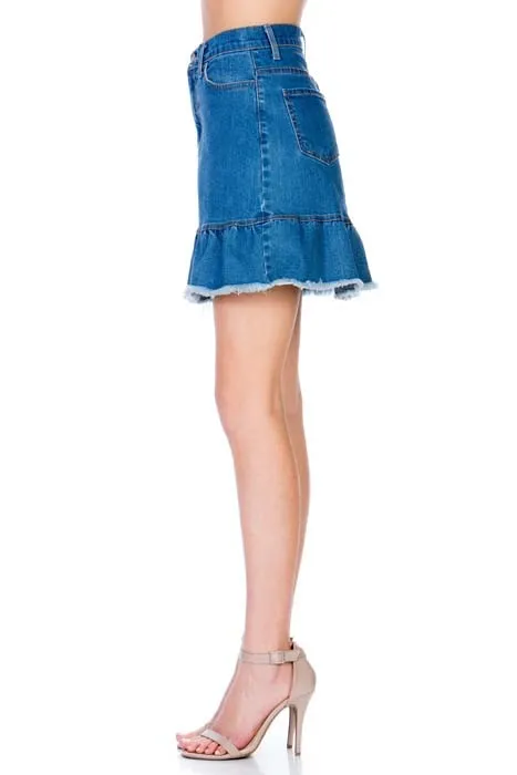 High Waisted A-line Ruffle Hem Denim Skirt