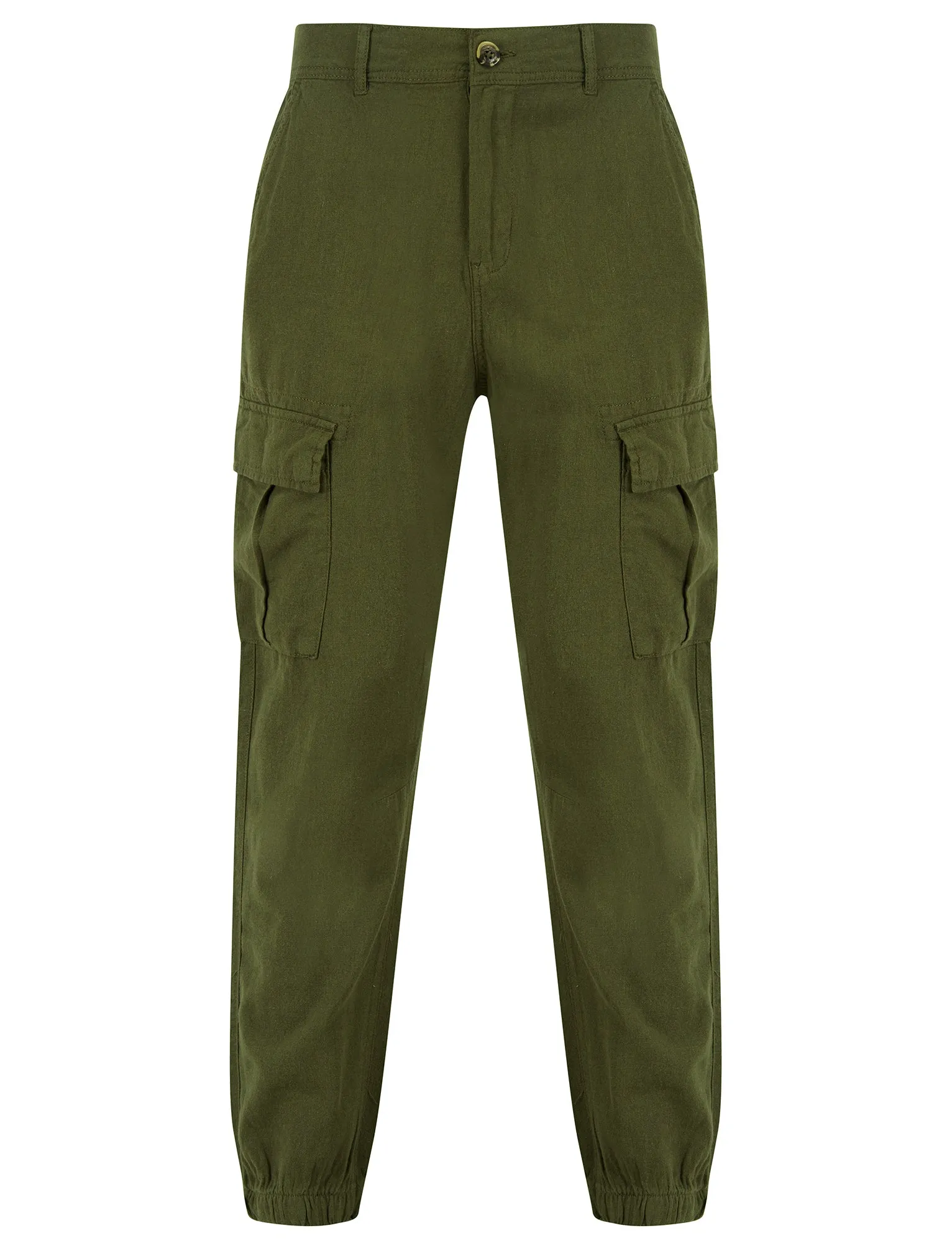 Idas Linen Cotton Comfort Fit Elasticated Waist Cargo Trousers in Olive Night - Tokyo Laundry