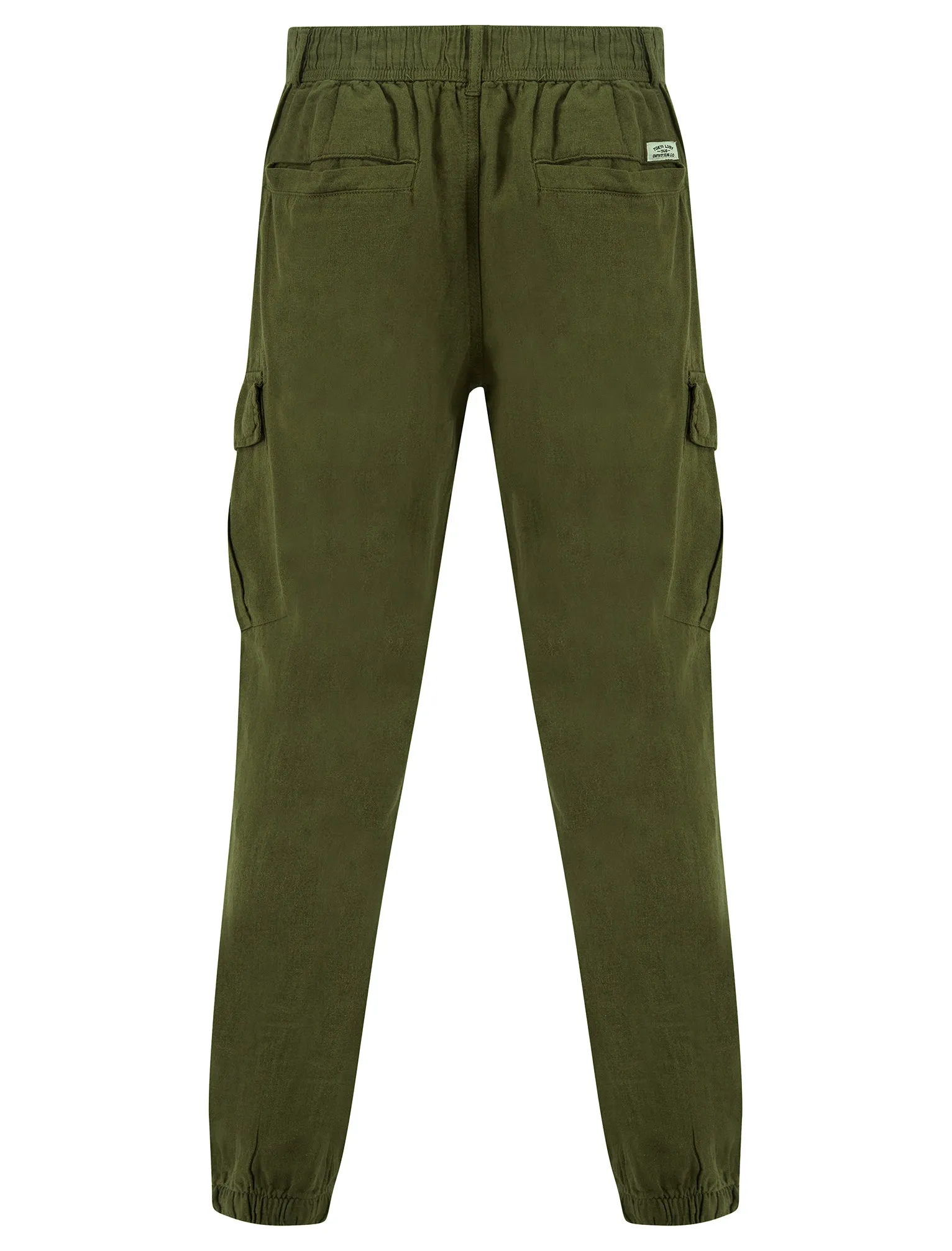 Idas Linen Cotton Comfort Fit Elasticated Waist Cargo Trousers in Olive Night - Tokyo Laundry