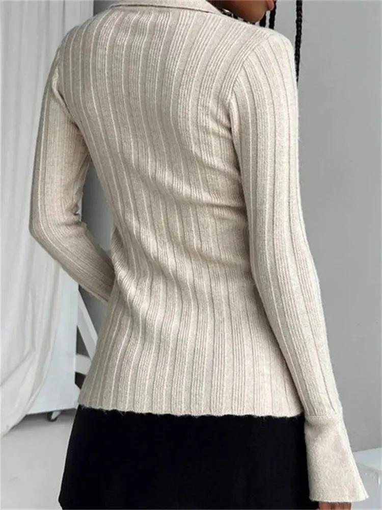 JuliaFashion - V-Neck Cardigans Solid Color Long Flare Sleeve Button-Down Turn-Down Neck Fall Casual Knitted Sweater