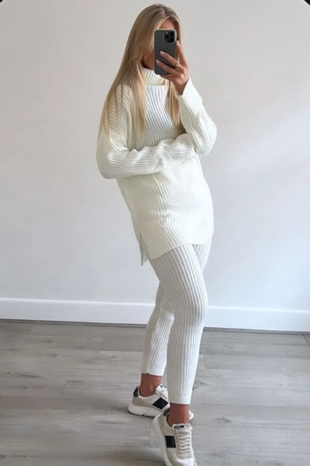 Keevah cream roll neck knitted ribbed coord