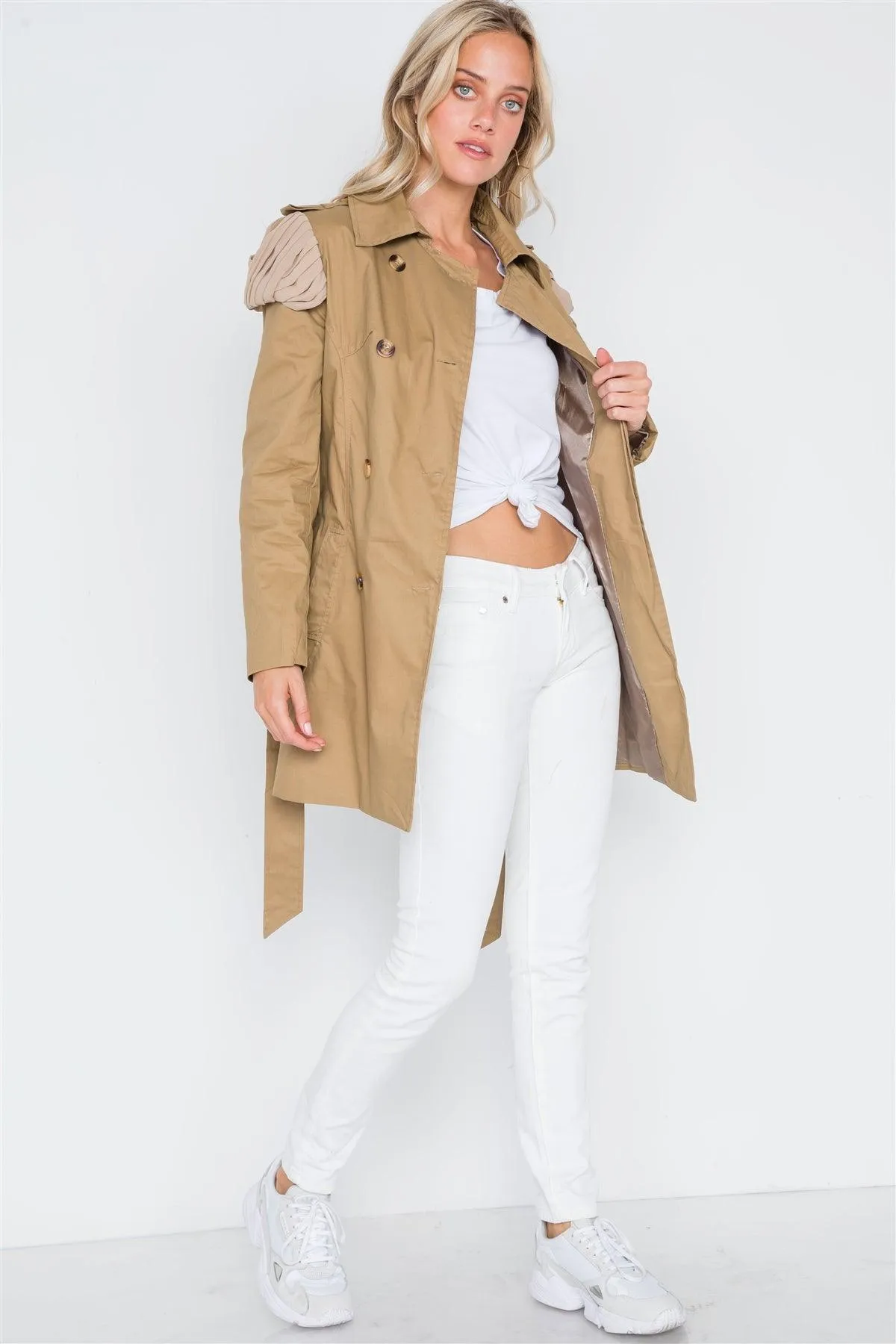 Khaki Double Breasted Long Sleeve Trench Coat /1-2-1