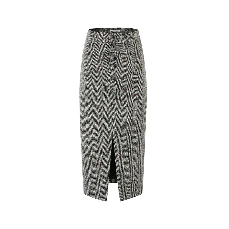 LEDIM W tweed woo fall winter tweed midi penciT slit skirt  - Slli