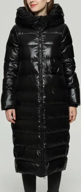 Long Glossy Puffer Down Coat, Black