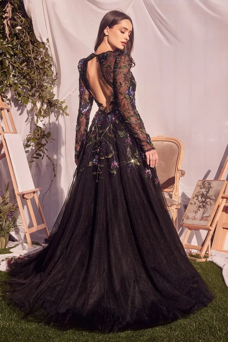 LONG SLEEVE BLACK EMBELLISHED BALL GOWN CDMA107