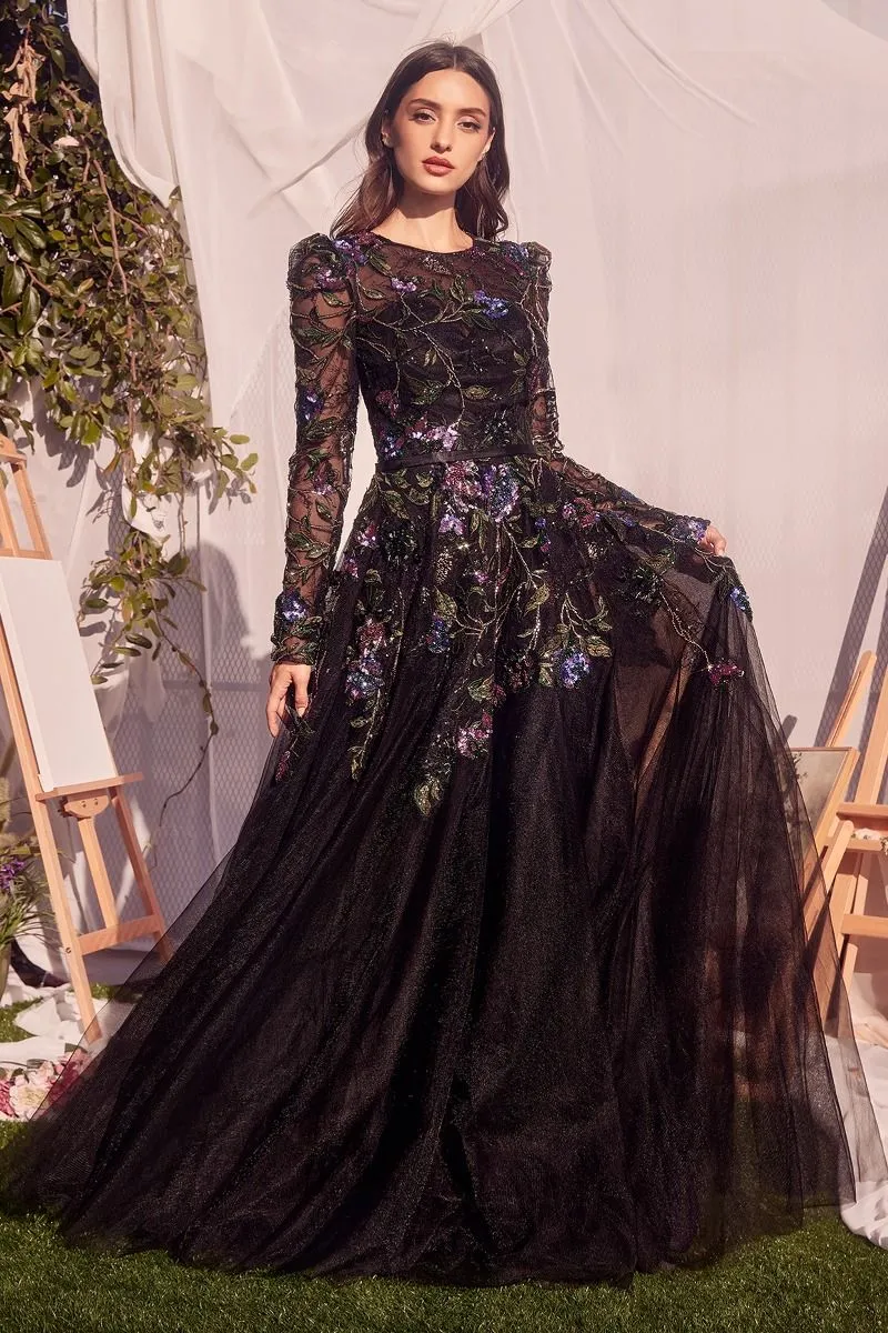 LONG SLEEVE BLACK EMBELLISHED BALL GOWN CDMA107