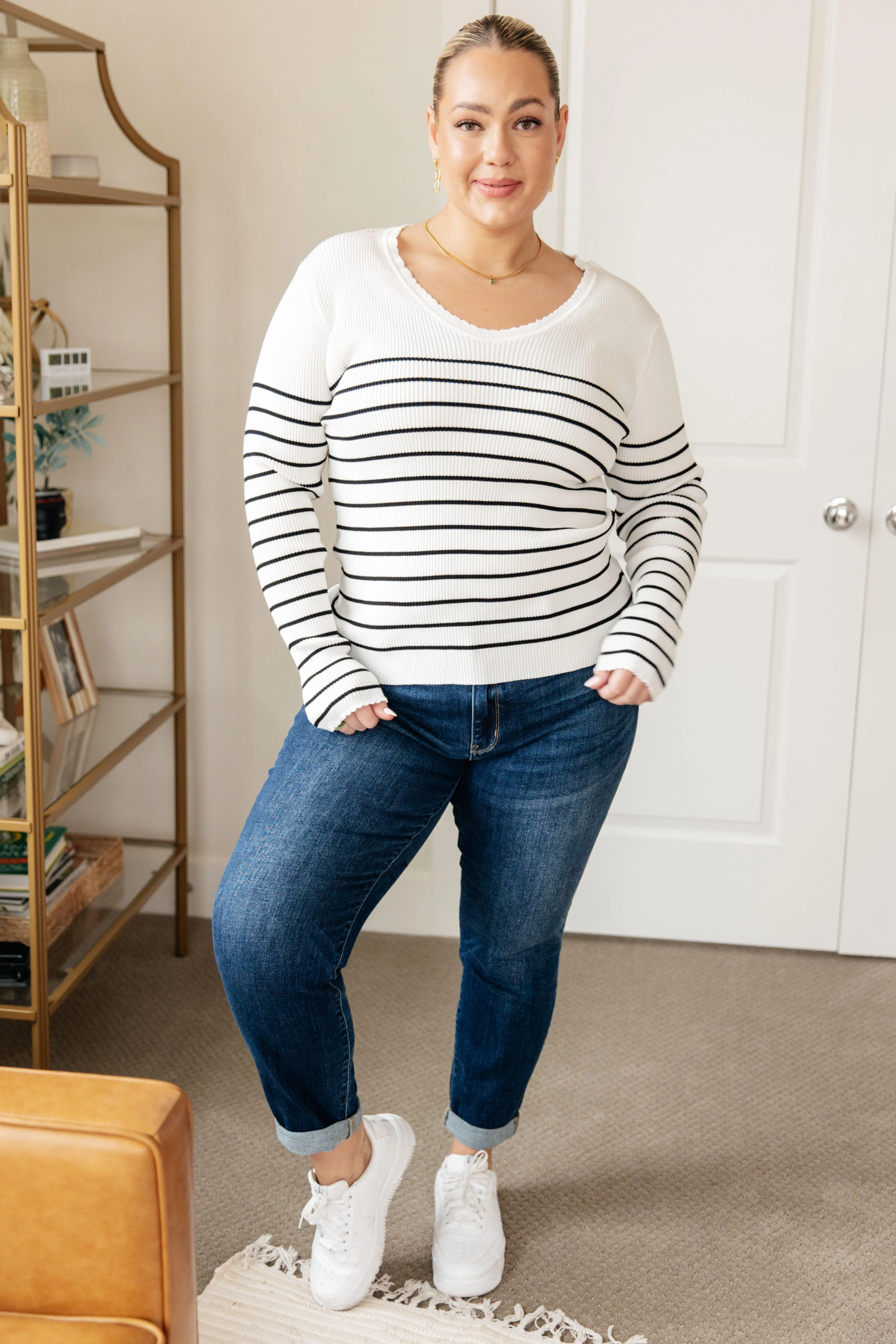 Long Sleeved V-Neck Striped Sweater