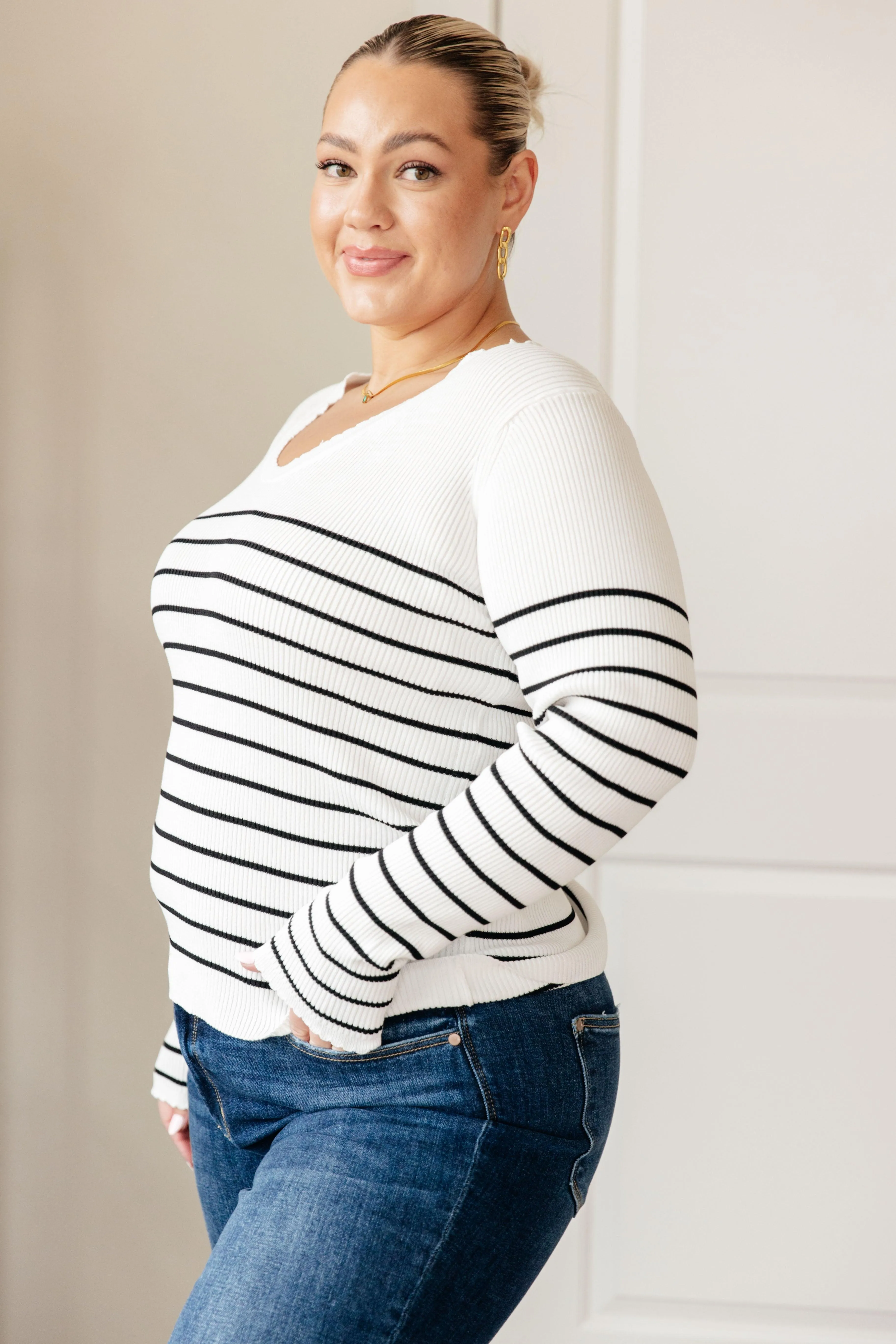 Long Sleeved V-Neck Striped Sweater