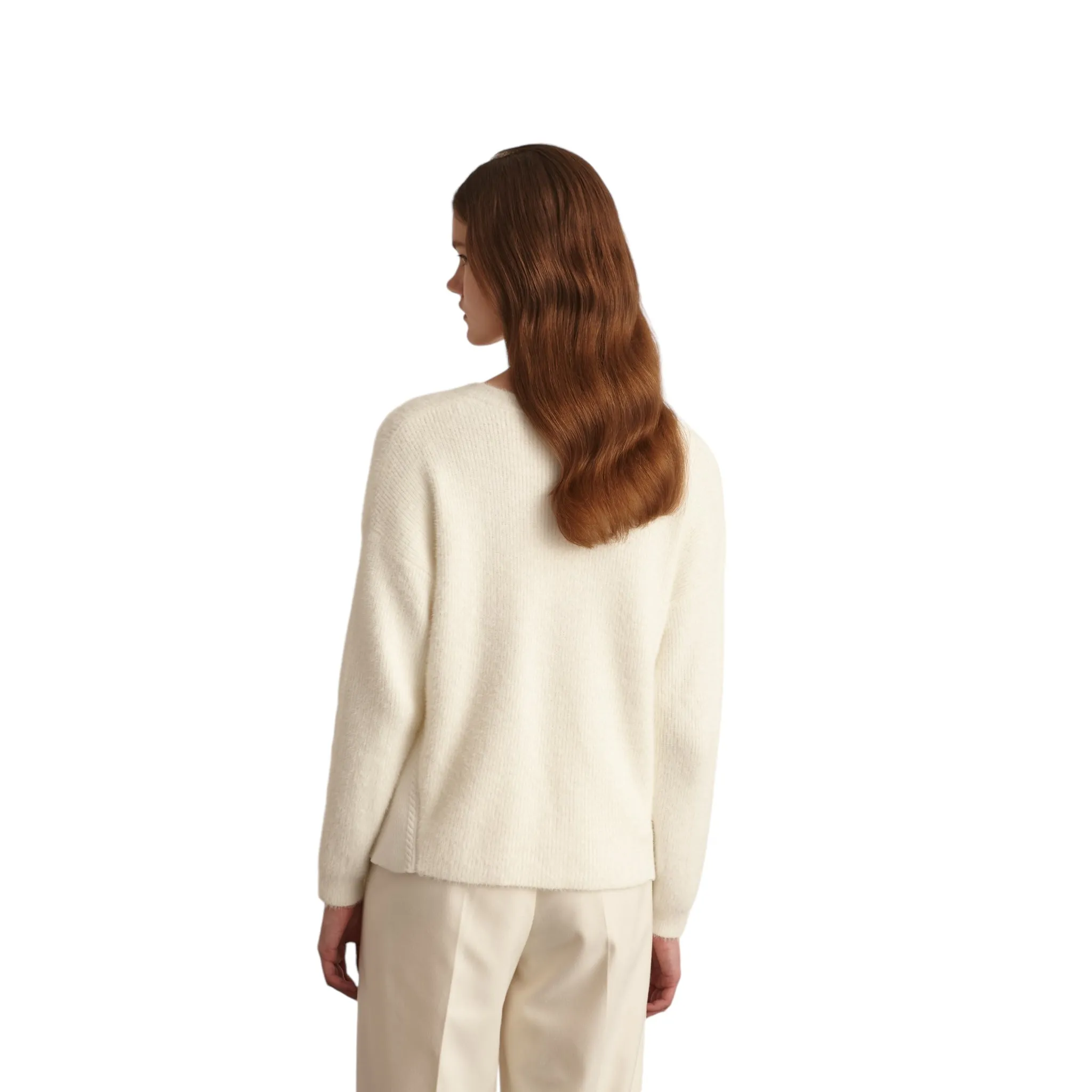 Marina V V Neck Furry Sweater Ivory