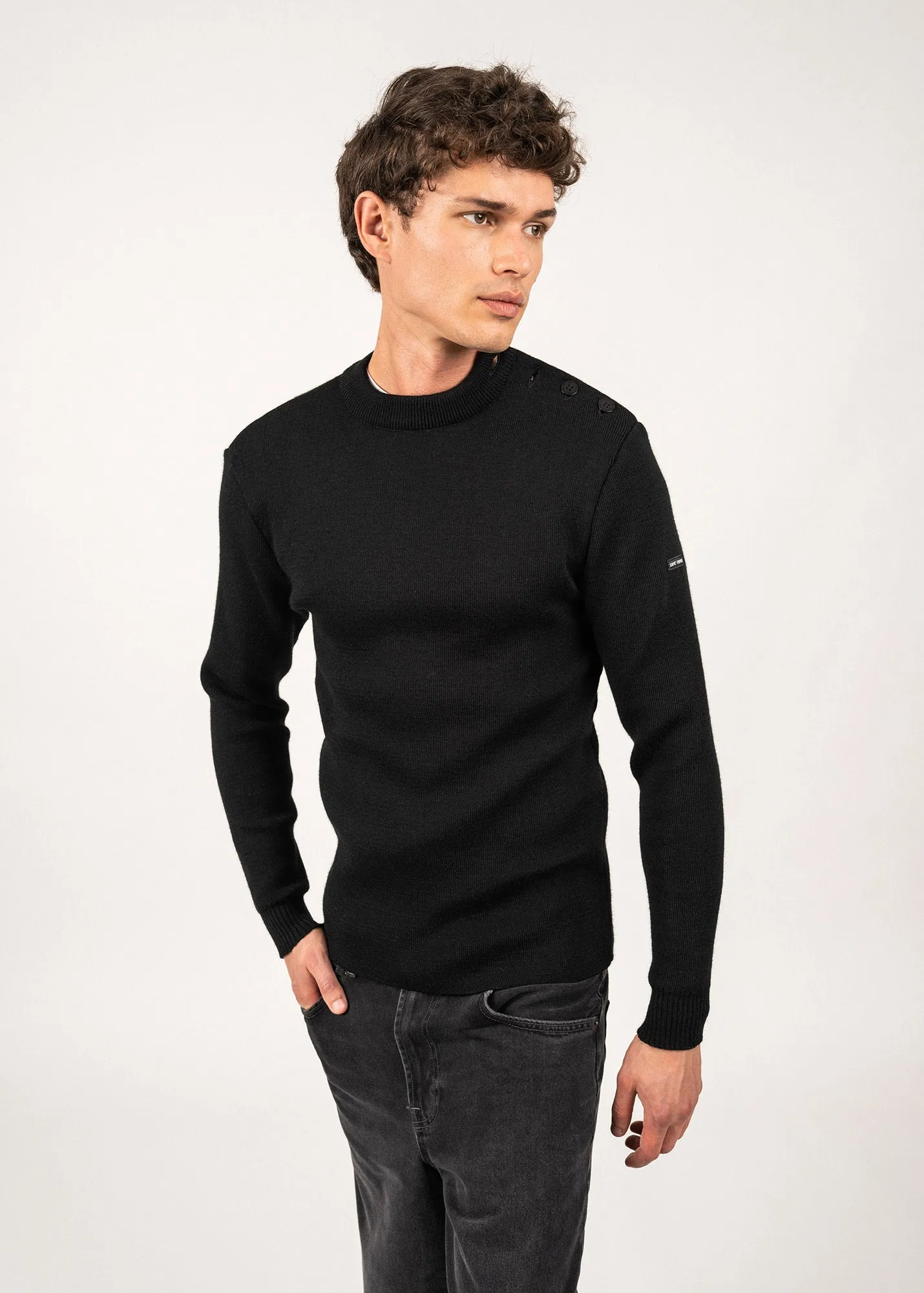 MATELOT - Wool Fisherman Sweater with Button Shoulder | Slim Fit (BLACK)