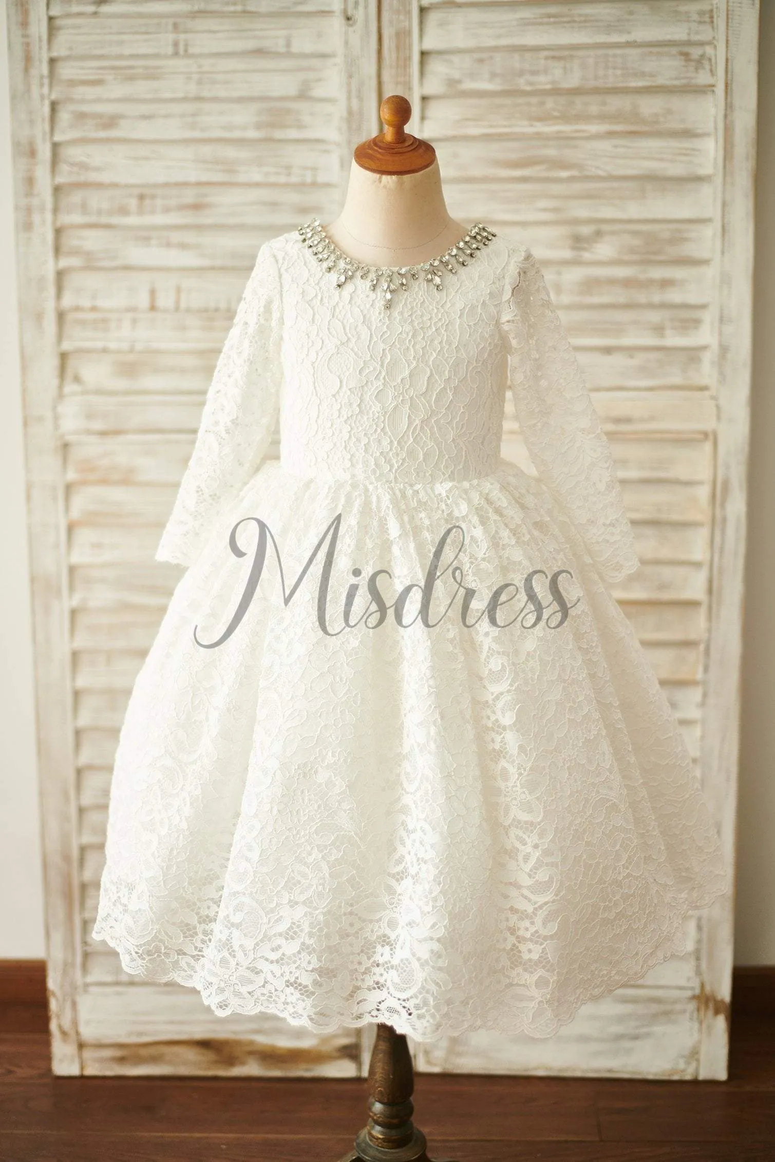 Modest Ivory Lace Long Sleeves Wedding Flower Girl Dress, Beading Neck