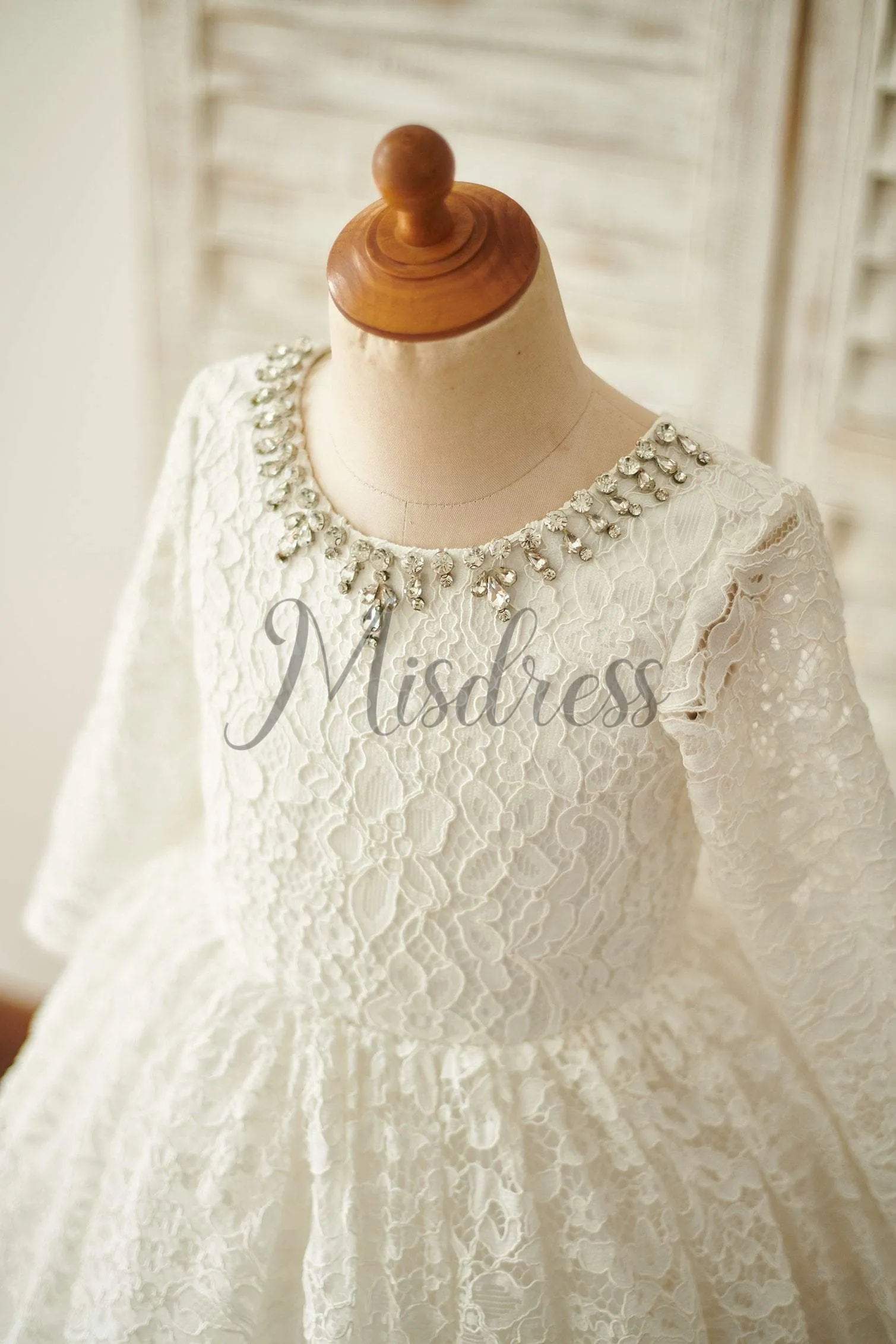 Modest Ivory Lace Long Sleeves Wedding Flower Girl Dress, Beading Neck