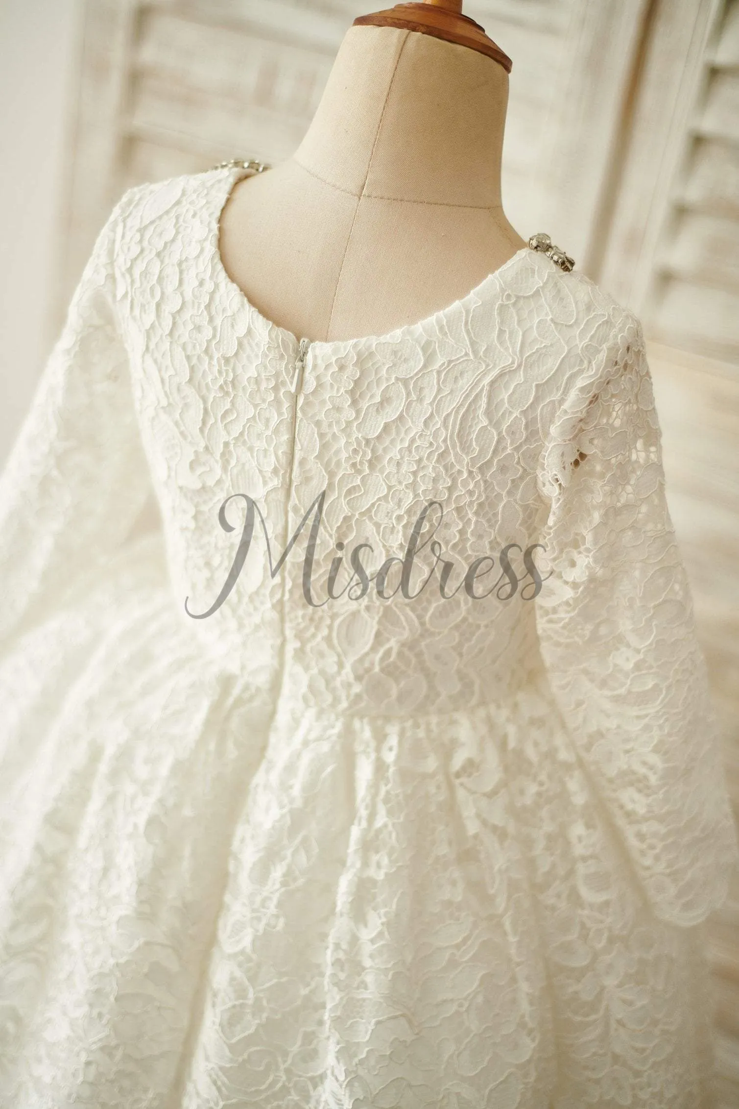 Modest Ivory Lace Long Sleeves Wedding Flower Girl Dress, Beading Neck