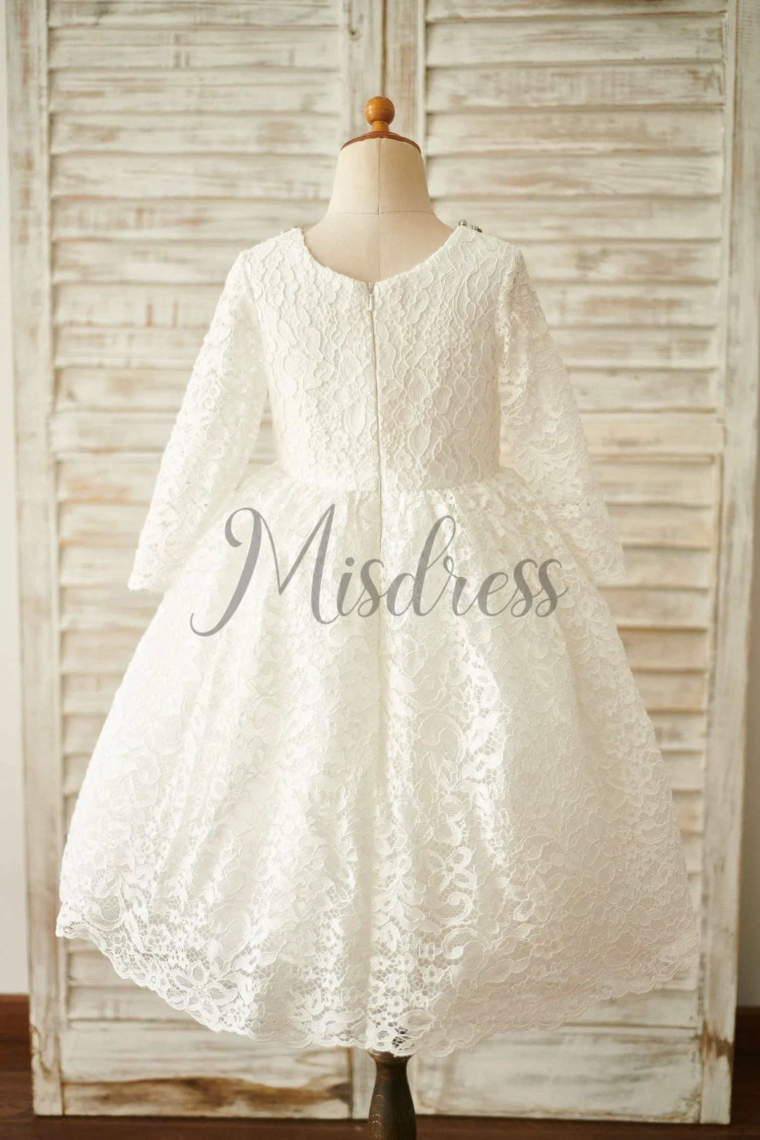 Modest Ivory Lace Long Sleeves Wedding Flower Girl Dress, Beading Neck