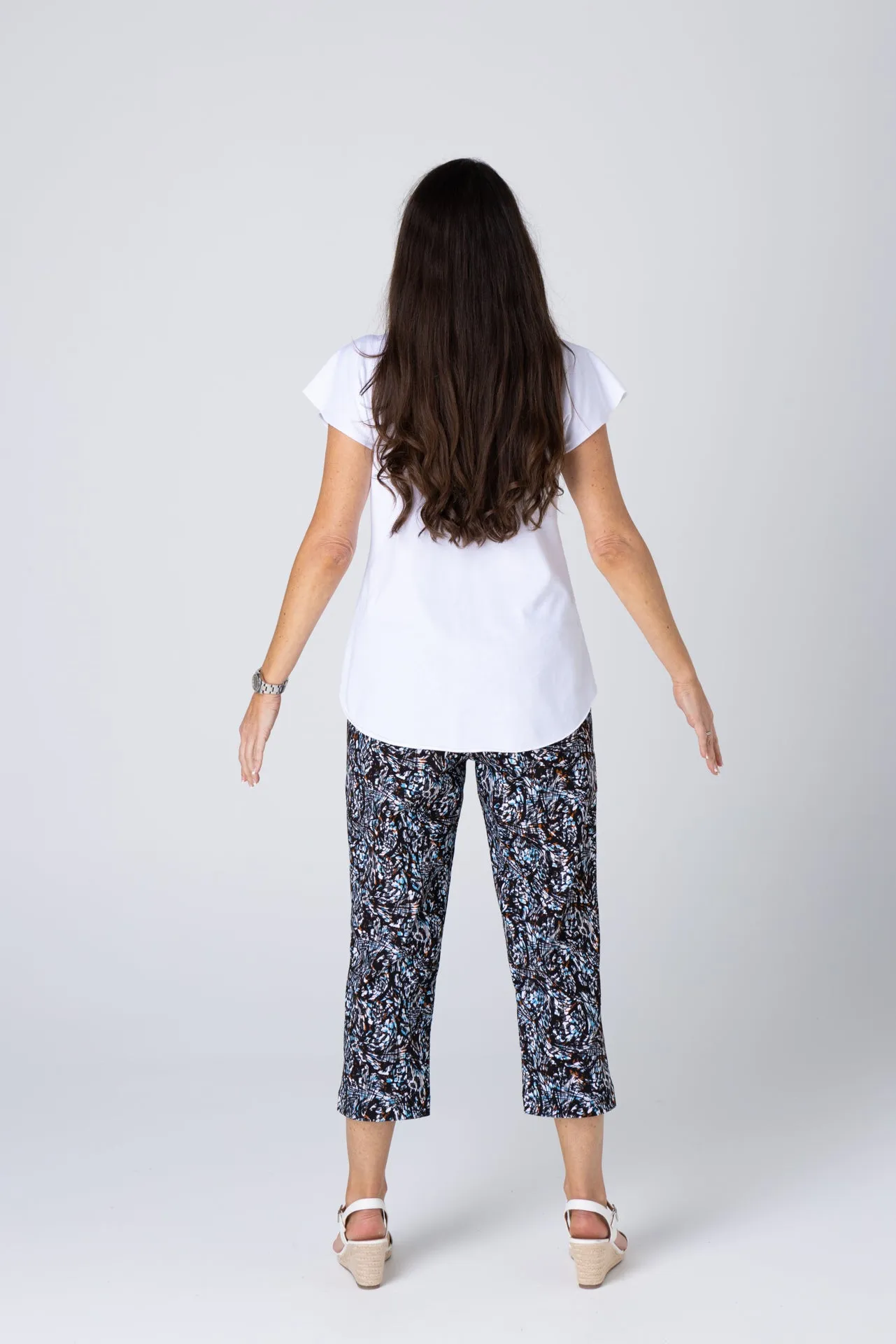 Monarch Print Stretch Rayon Nylon Capri Pants