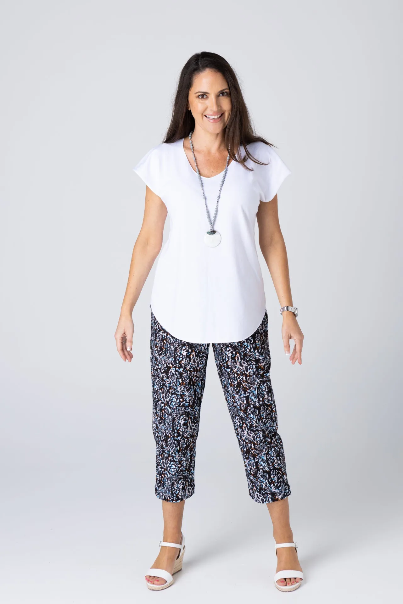 Monarch Print Stretch Rayon Nylon Capri Pants