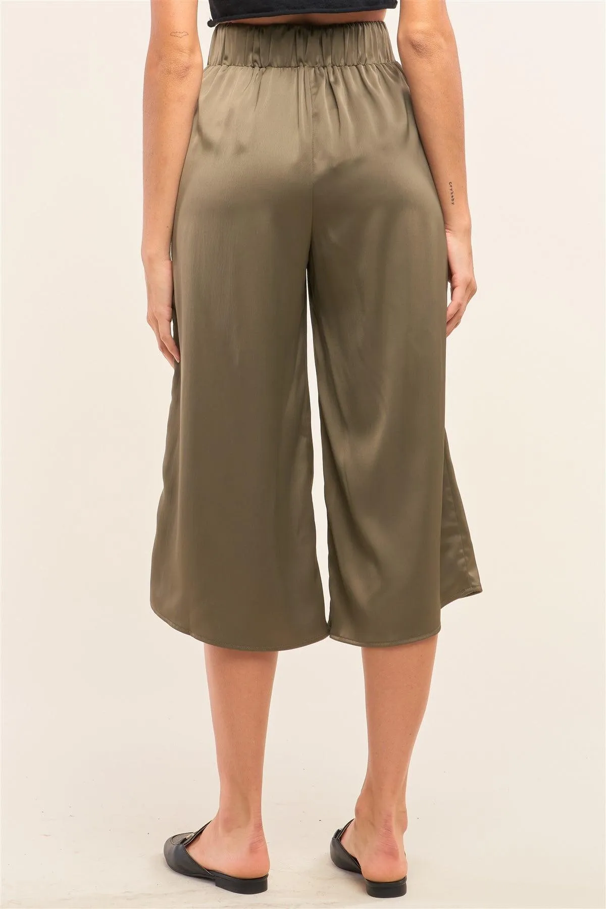 Olive Satin High Waisted Metallic Tip String Tie Flare Capri Pants /1-3-3