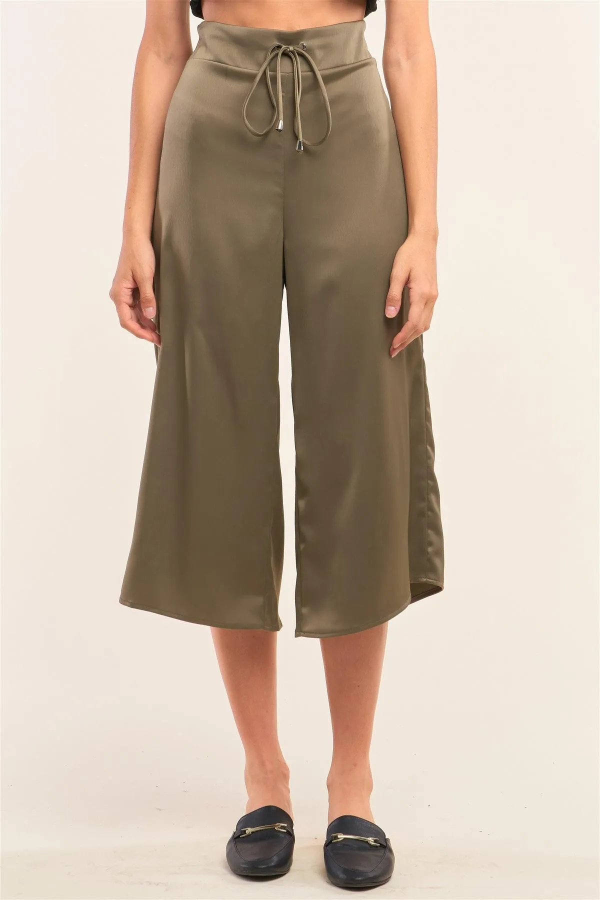 Olive Satin High Waisted Metallic Tip String Tie Flare Capri Pants /1-3-3