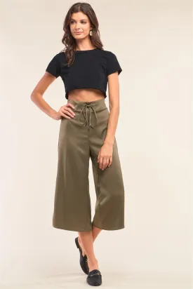 Olive Satin High Waisted Metallic Tip String Tie Flare Capri Pants /1-3-3