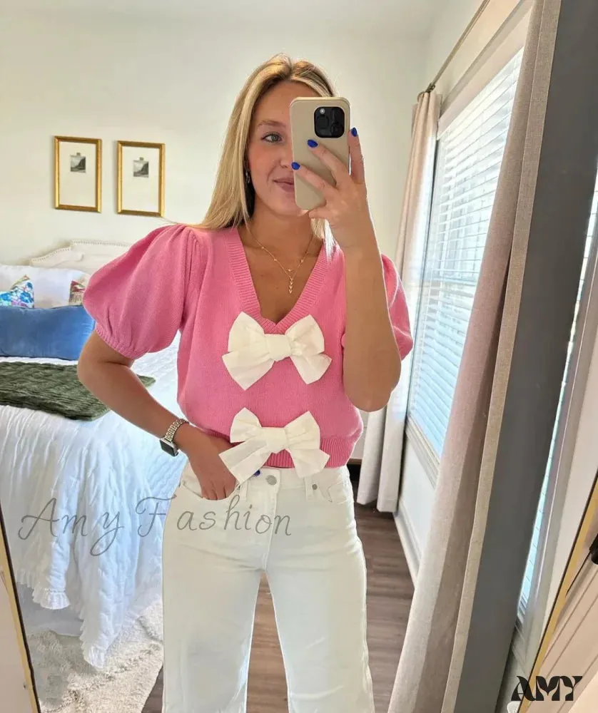 Pink Elegant Casual Solid Short Sleeve Fashion Bows V-Neck Sweater