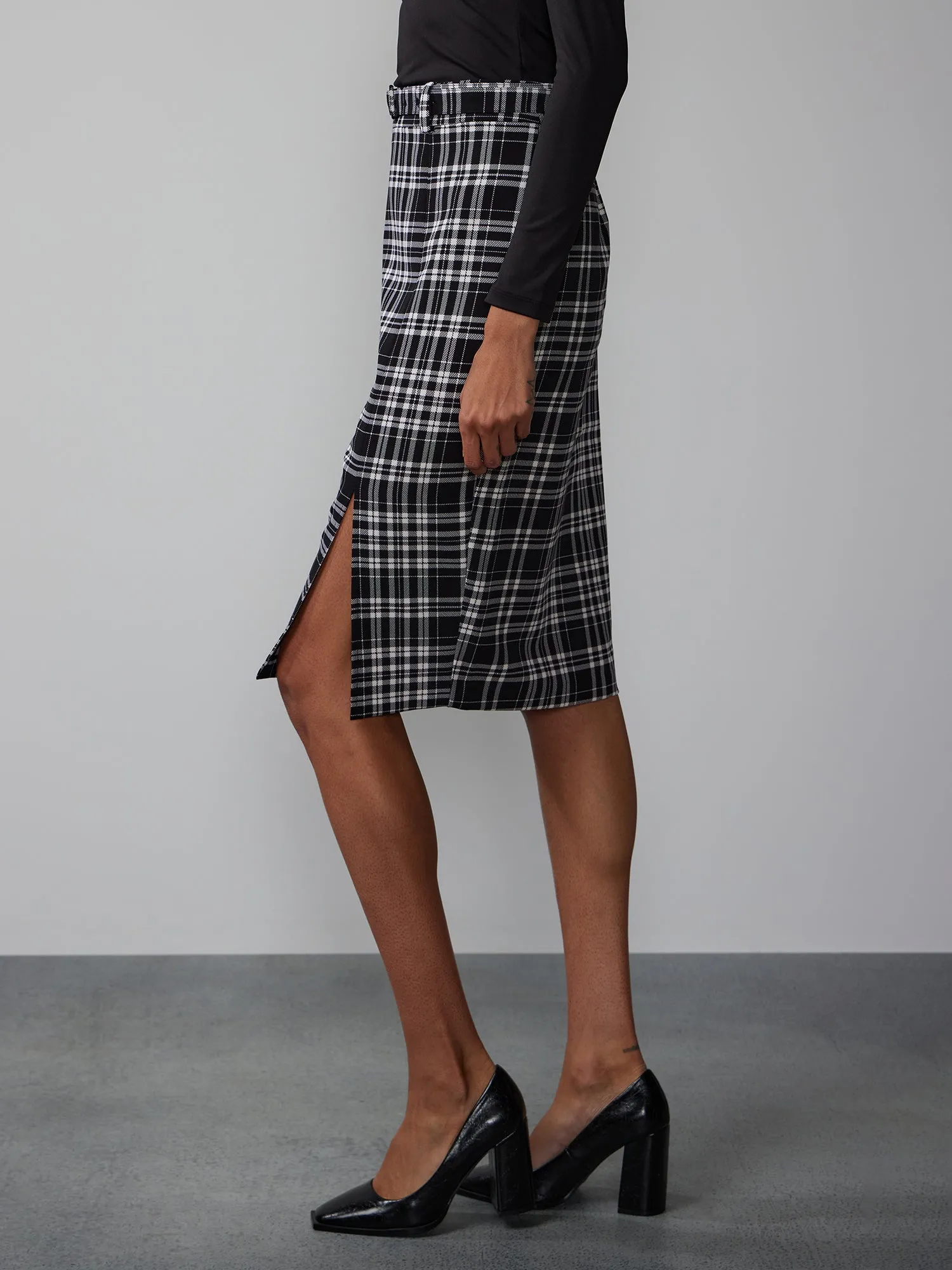 Plaid Belted Pencil Skirt