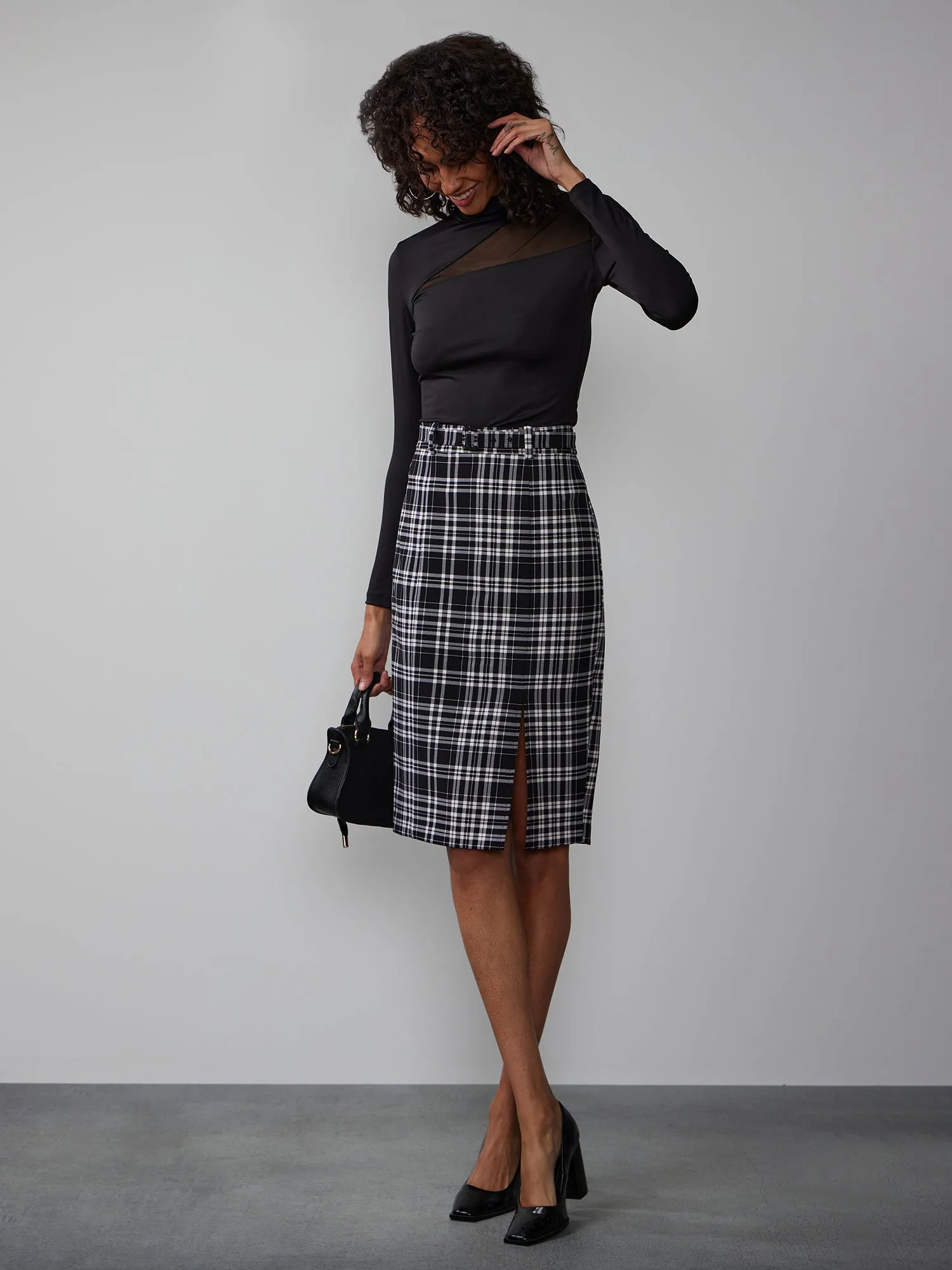 Plaid Belted Pencil Skirt