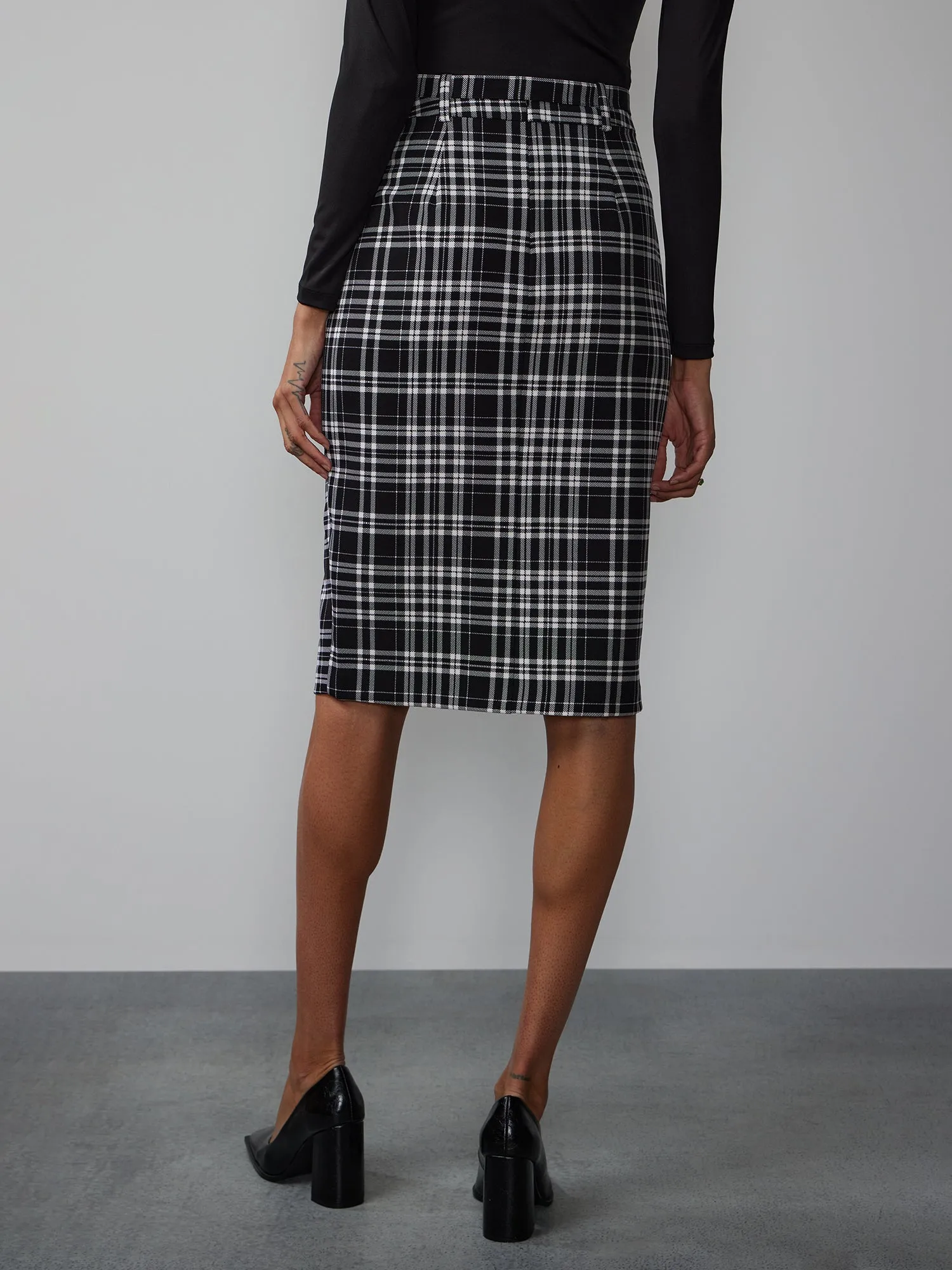 Plaid Belted Pencil Skirt