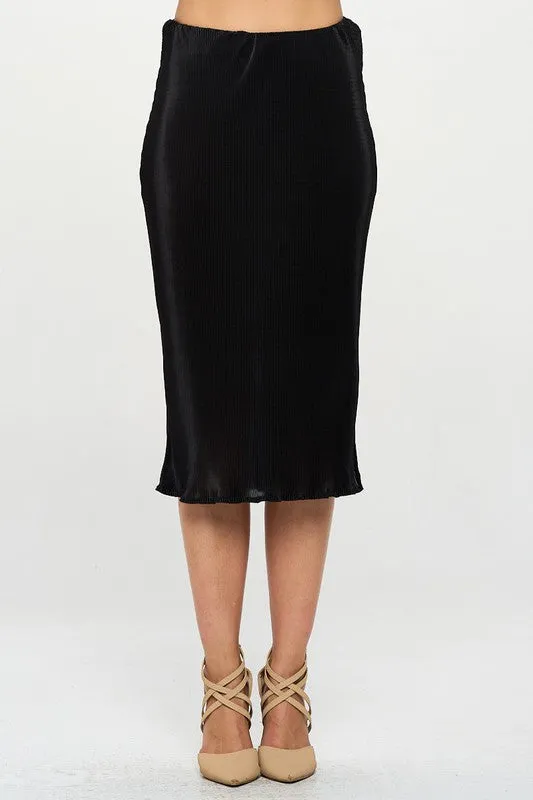 Plisse Midi Skirt with Slit and Elastic Waistband