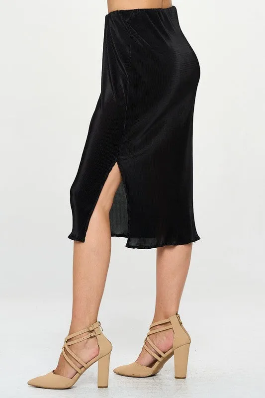 Plisse Midi Skirt with Slit and Elastic Waistband