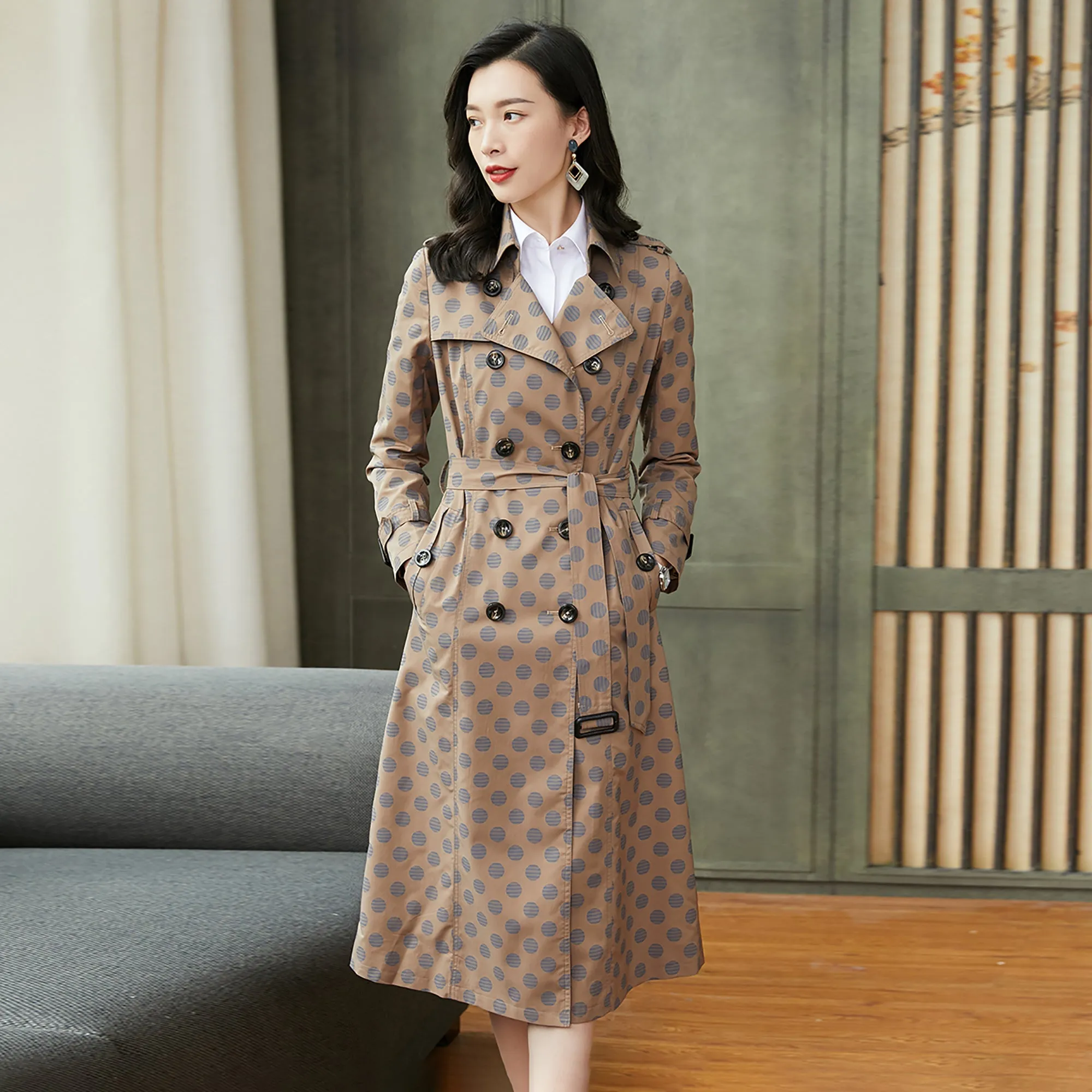 Polka Dot Double Breasted Belted Trench Coat