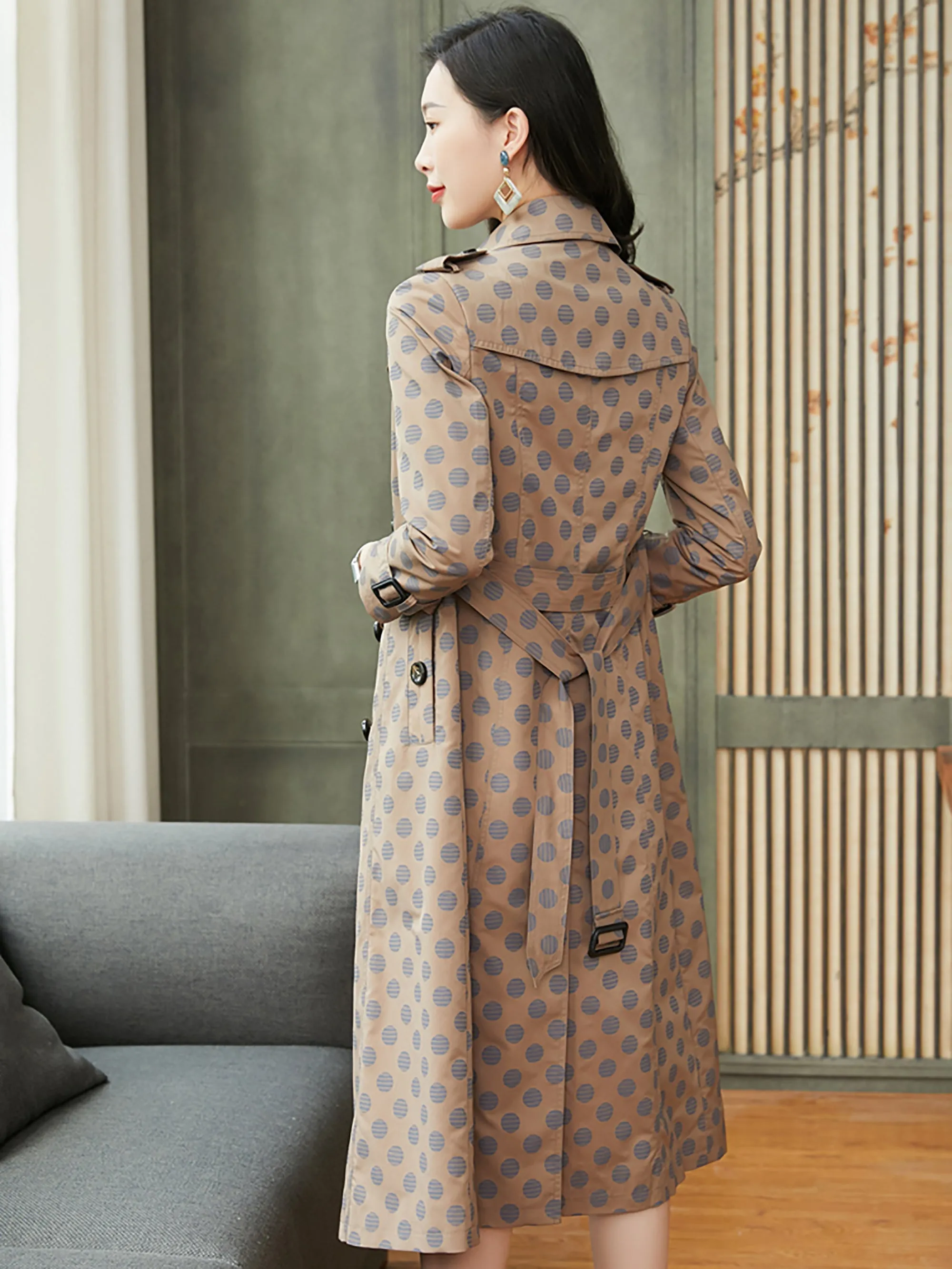 Polka Dot Double Breasted Belted Trench Coat