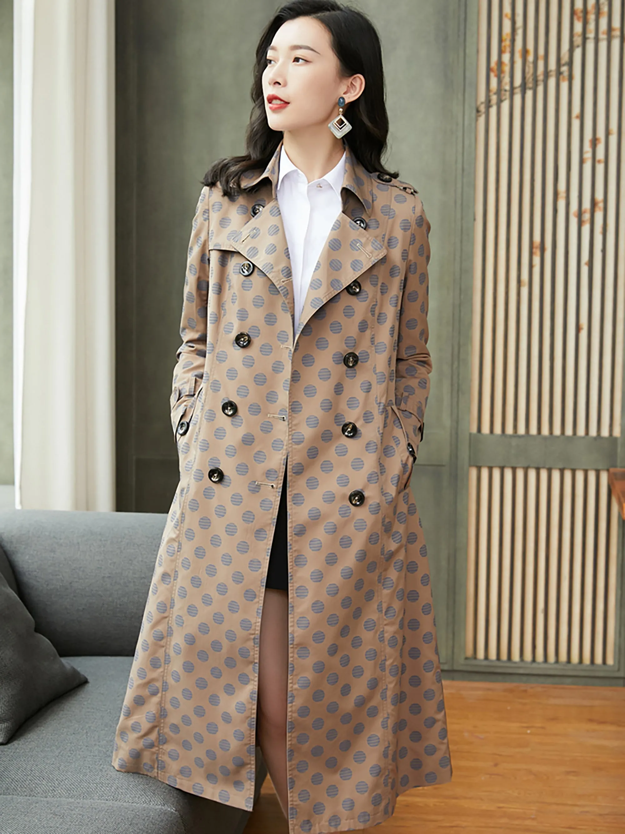 Polka Dot Double Breasted Belted Trench Coat