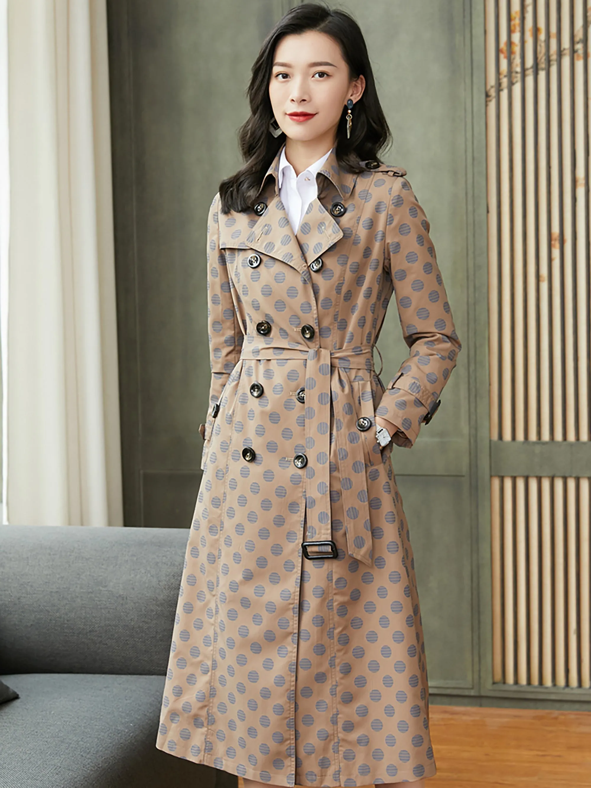 Polka Dot Double Breasted Belted Trench Coat