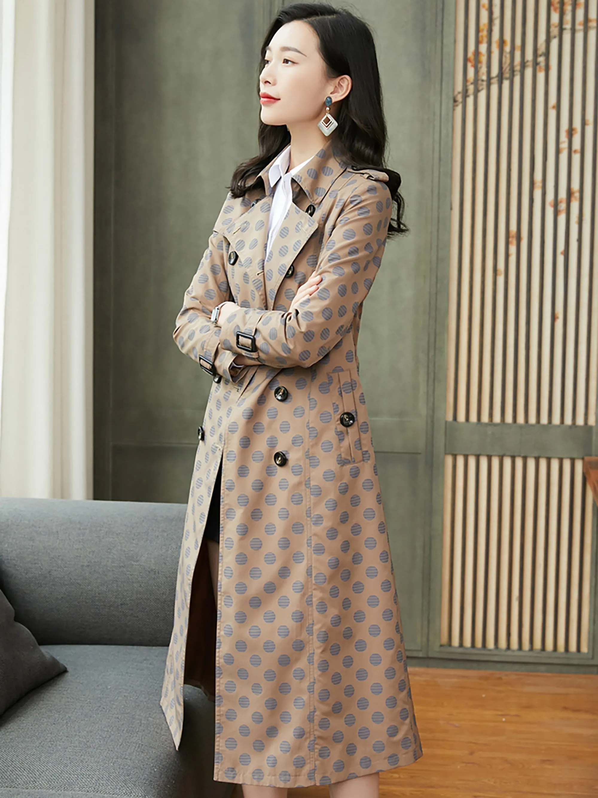 Polka Dot Double Breasted Belted Trench Coat