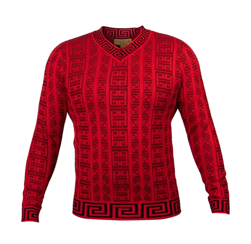 Prestige Red V-Neck Men's Pullover Sweaters Greek key Lightweight