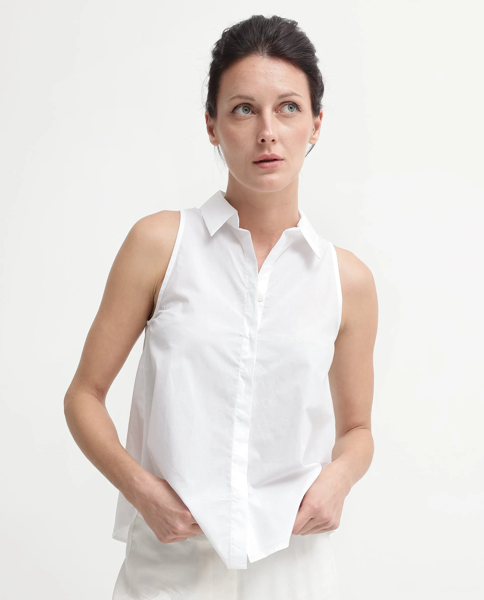 Rareism Women Thebe White Cotton Fabric Sleeveless Collared Neck Button Closure Solid Regular Fit Top