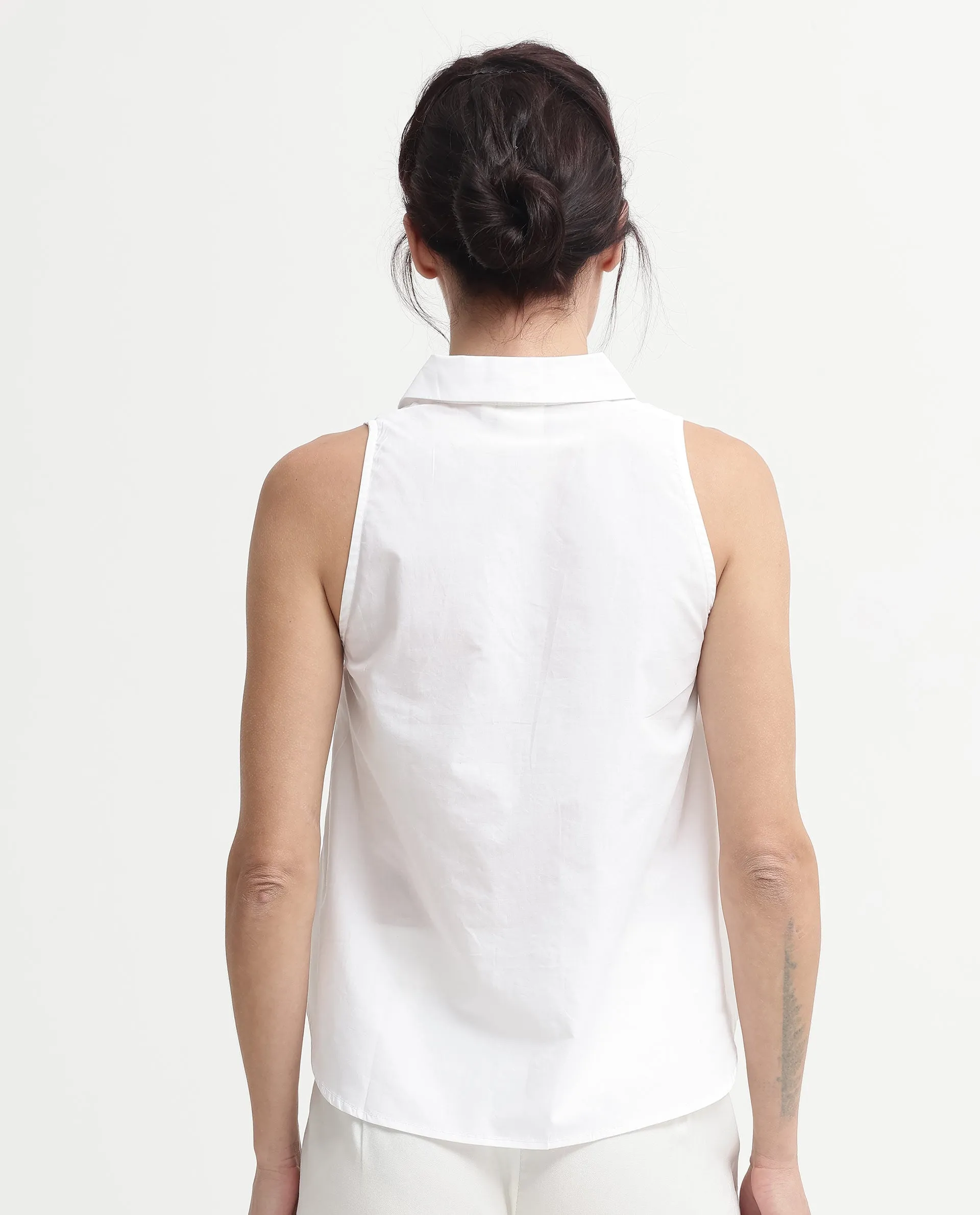 Rareism Women Thebe White Cotton Fabric Sleeveless Collared Neck Button Closure Solid Regular Fit Top