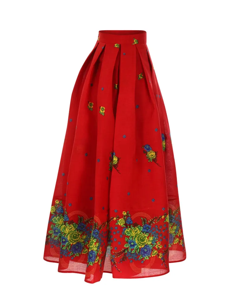 Red Long pleated Skirt