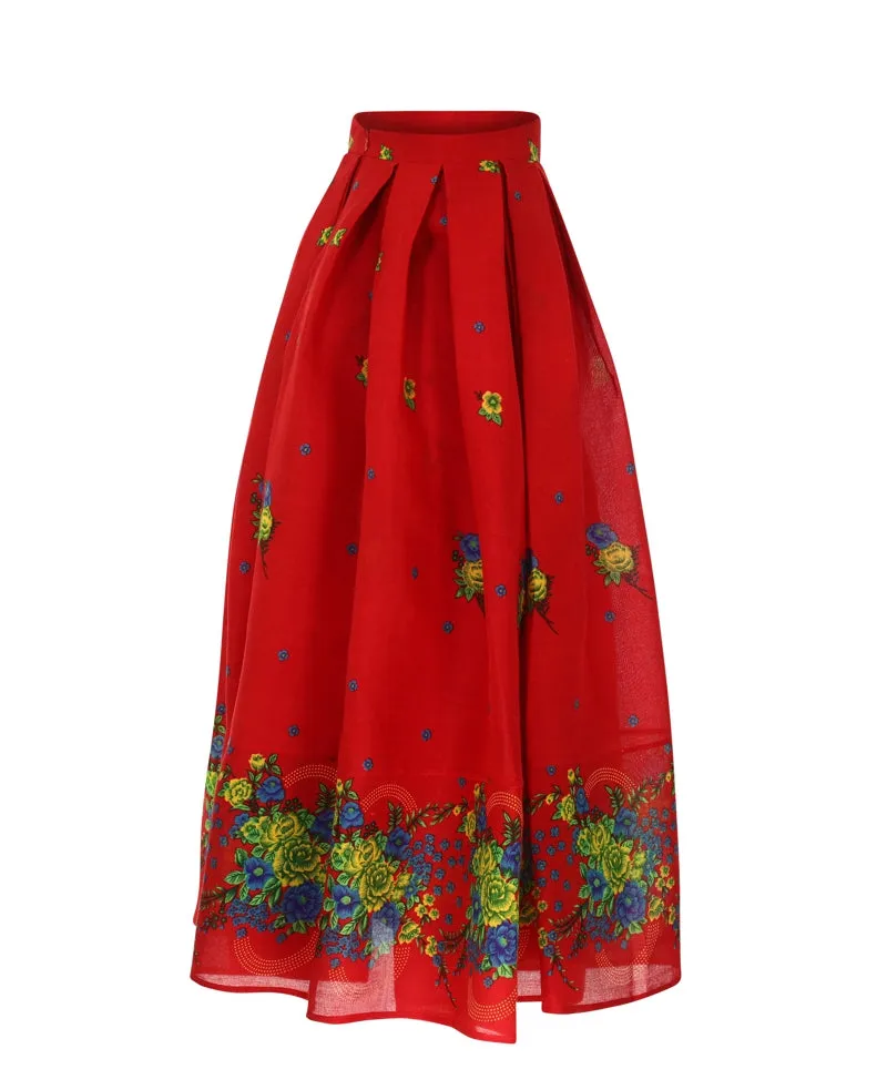 Red Long pleated Skirt