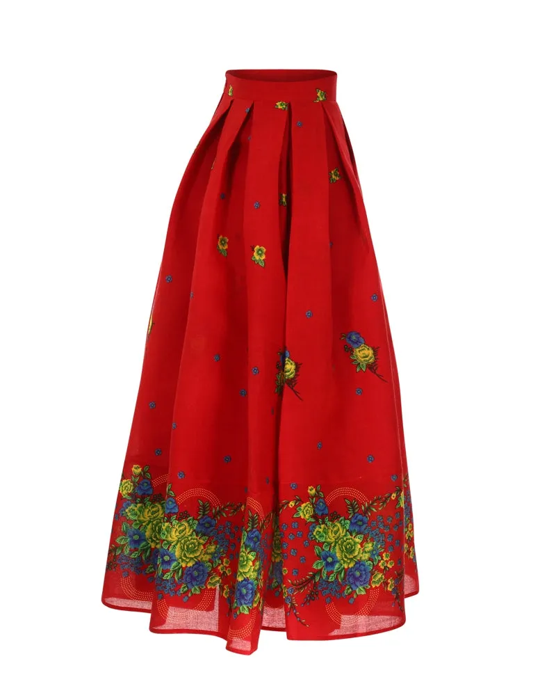 Red Long pleated Skirt