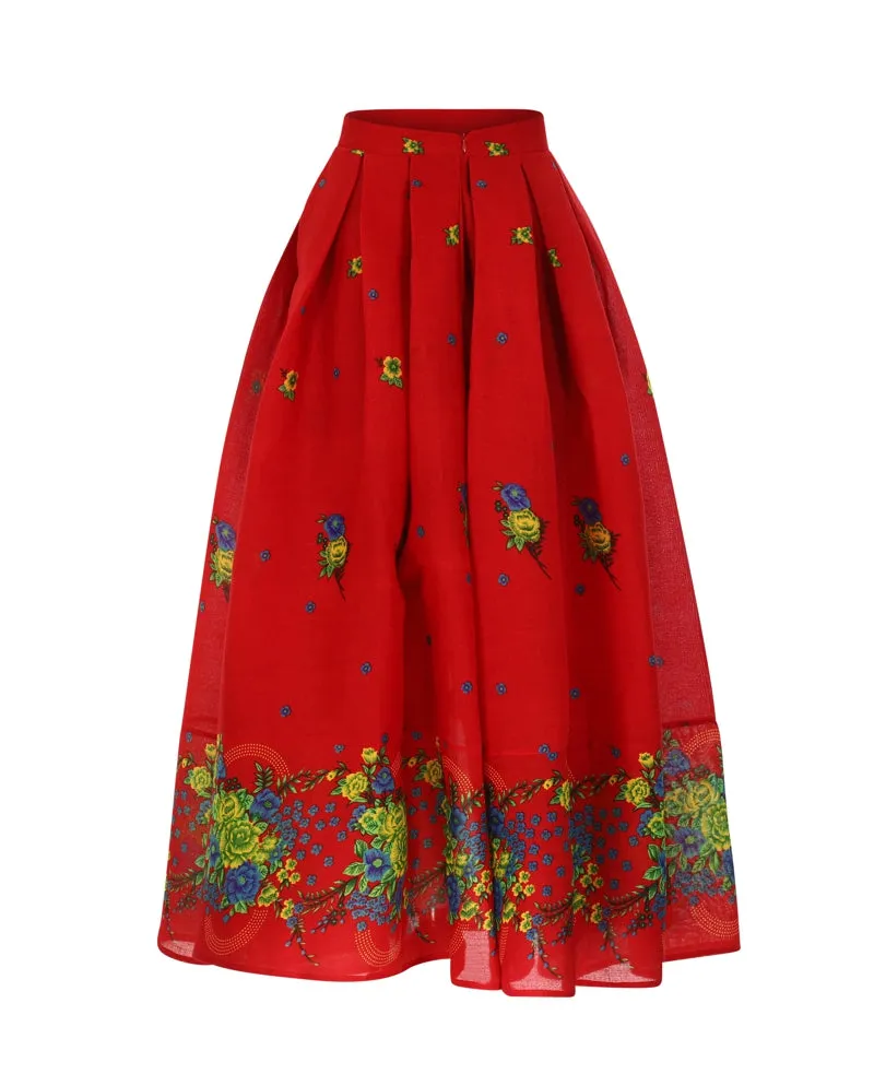 Red Long pleated Skirt