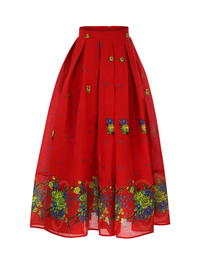 Red Long pleated Skirt