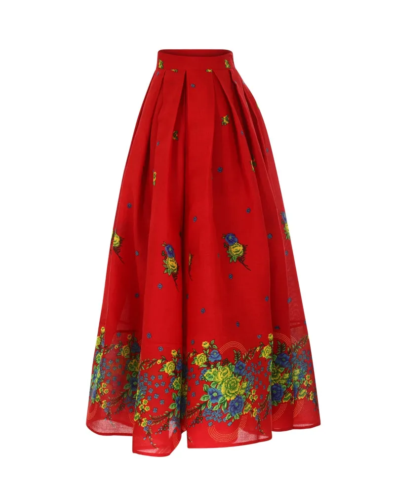 Red Long pleated Skirt