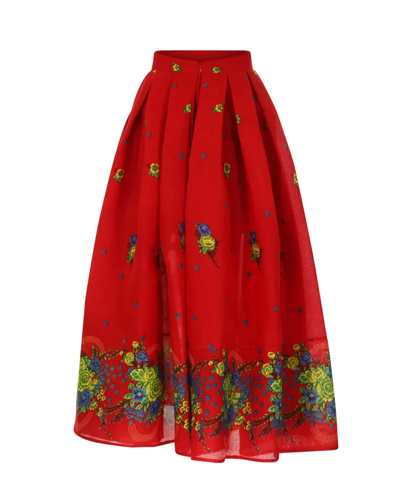 Red Long pleated Skirt