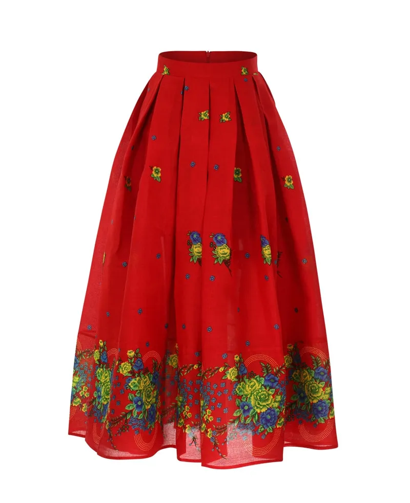 Red Long pleated Skirt